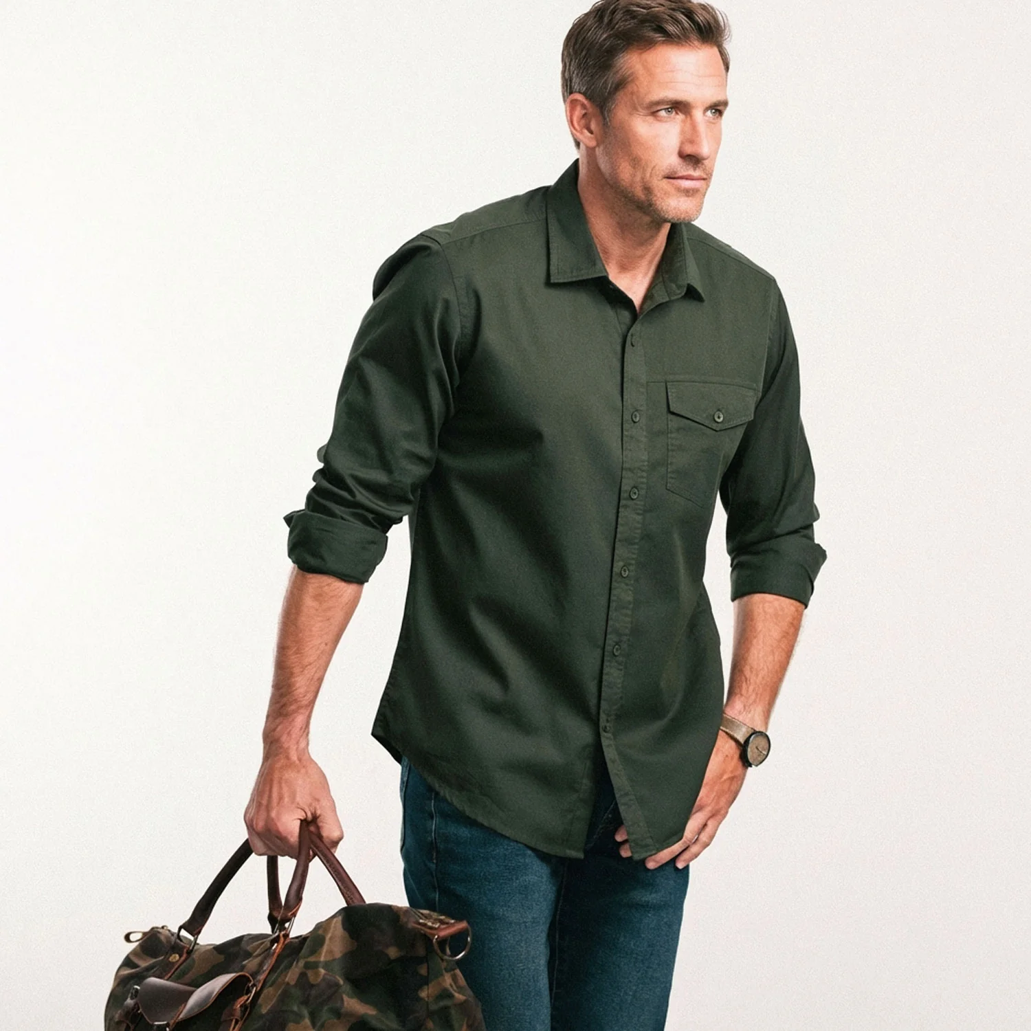 Author Casual Shirt – Dark Olive Green Cotton Twill - Image 5