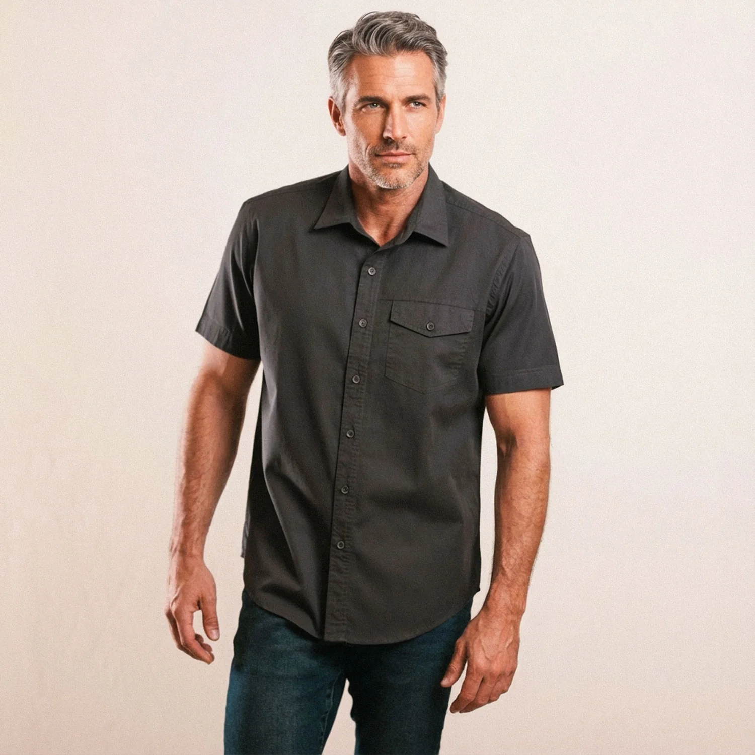 Author Short Sleeve Casual Shirt – Dark Gray Cotton Twill - Image 4