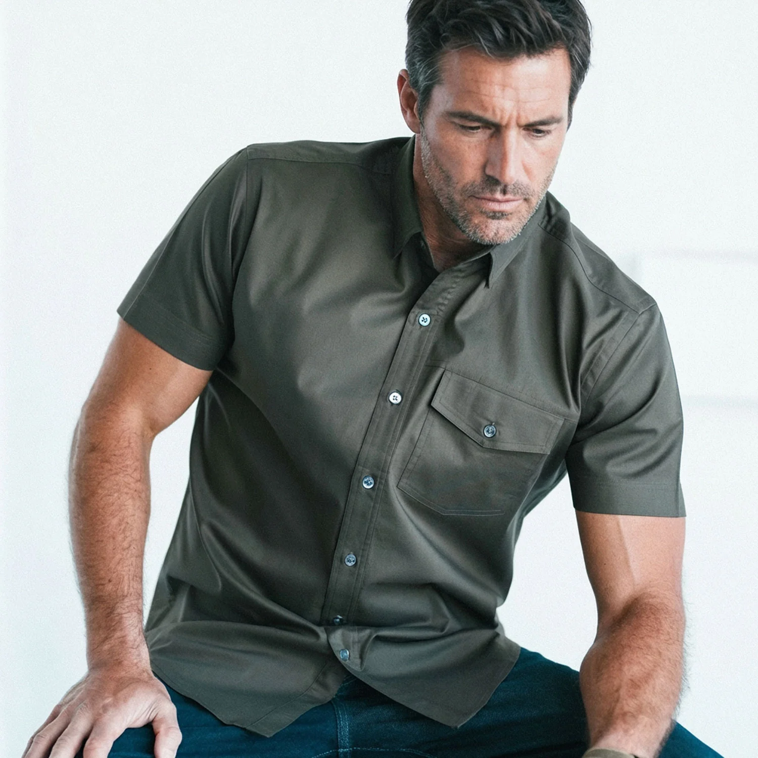 Author Short Sleeve Casual Shirt – Fatigue Green Cotton Twill - Image 4