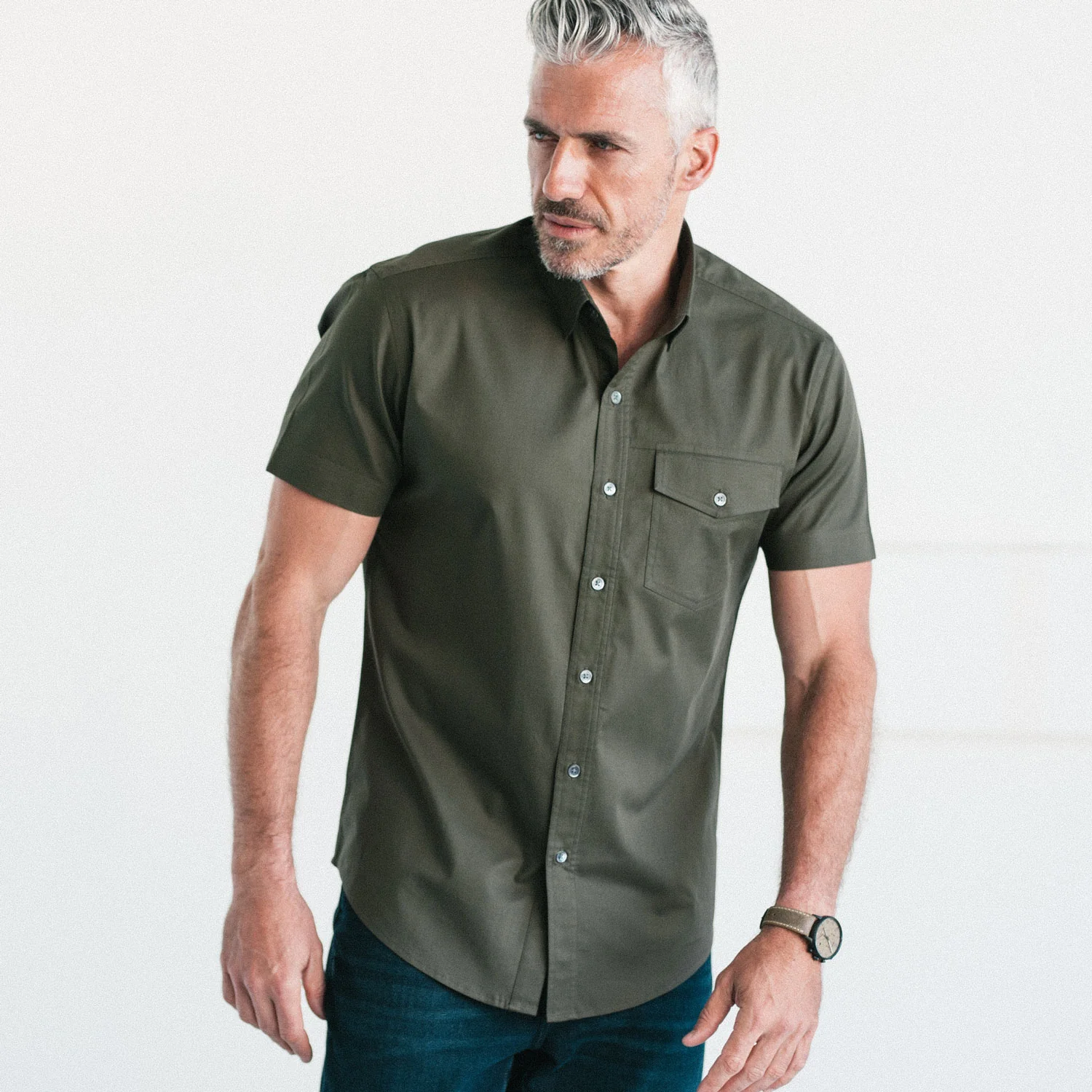 Author Short Sleeve Casual Shirt – Fatigue Green Cotton Twill - Image 5