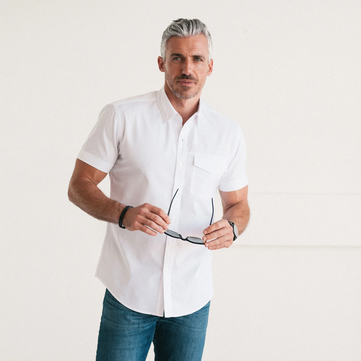 Author Short Sleeve Casual Shirt – Pure White Cotton Oxford - Image 5