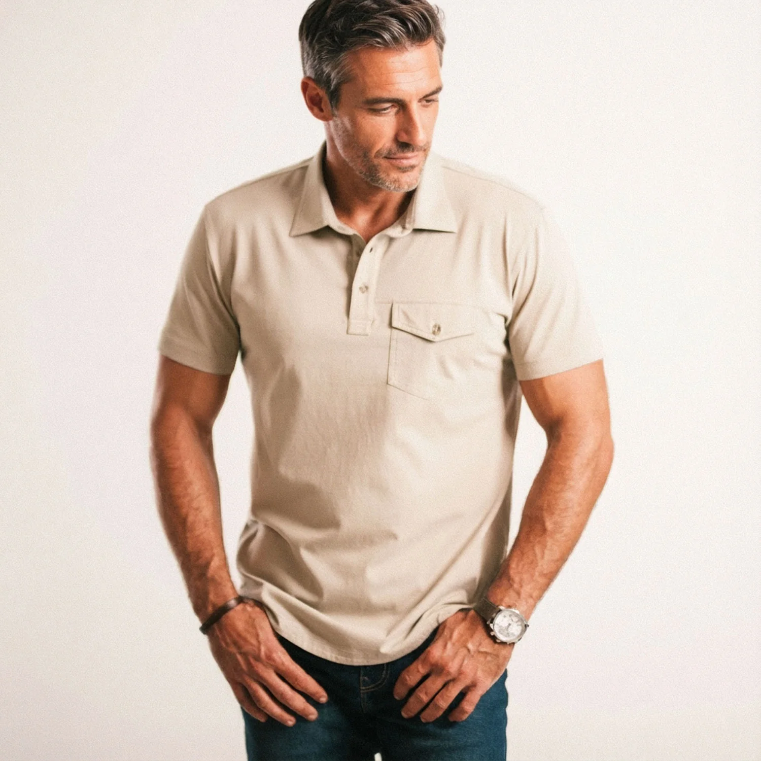 Author Short Sleeve Polo Shirt –  Desert Sand Cotton Jersey - Image 4