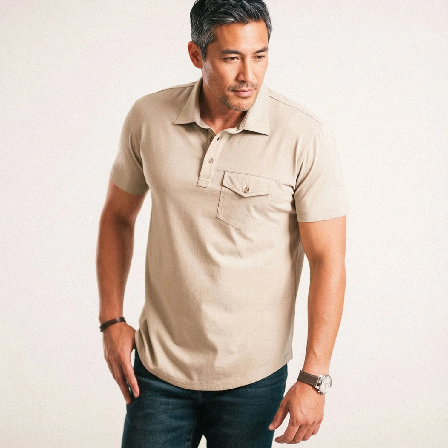 Author Short Sleeve Polo Shirt –  Desert Sand Cotton Jersey - Image 5
