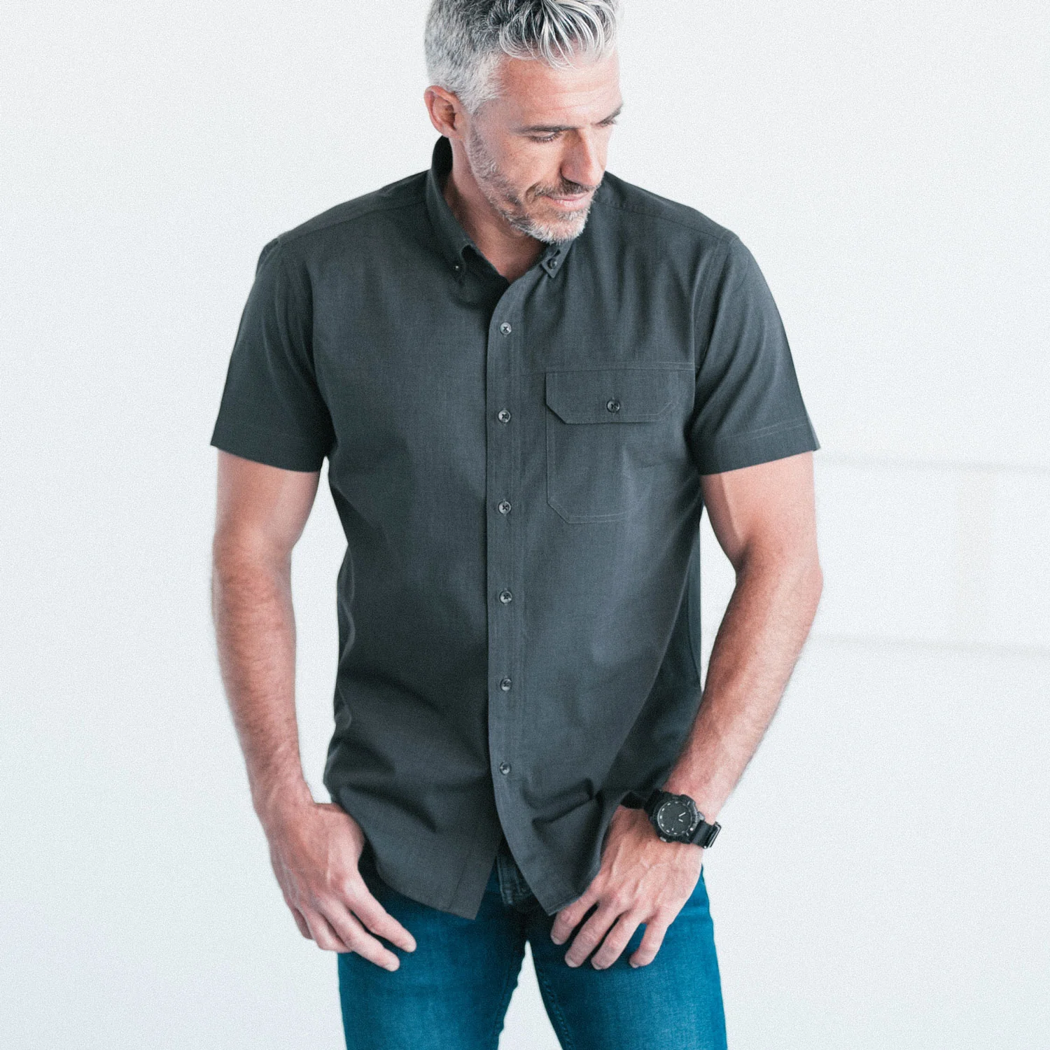 Builder Short Sleeve Casual Shirt – Asphalt Gray Cotton End-on-end - Image 4