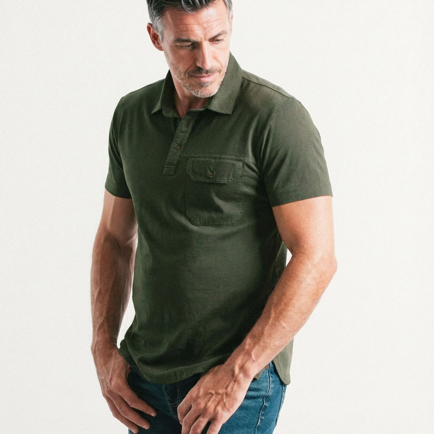 Builder Short Sleeve Polo Shirt –  Olive Green Cotton Jersey - Image 6