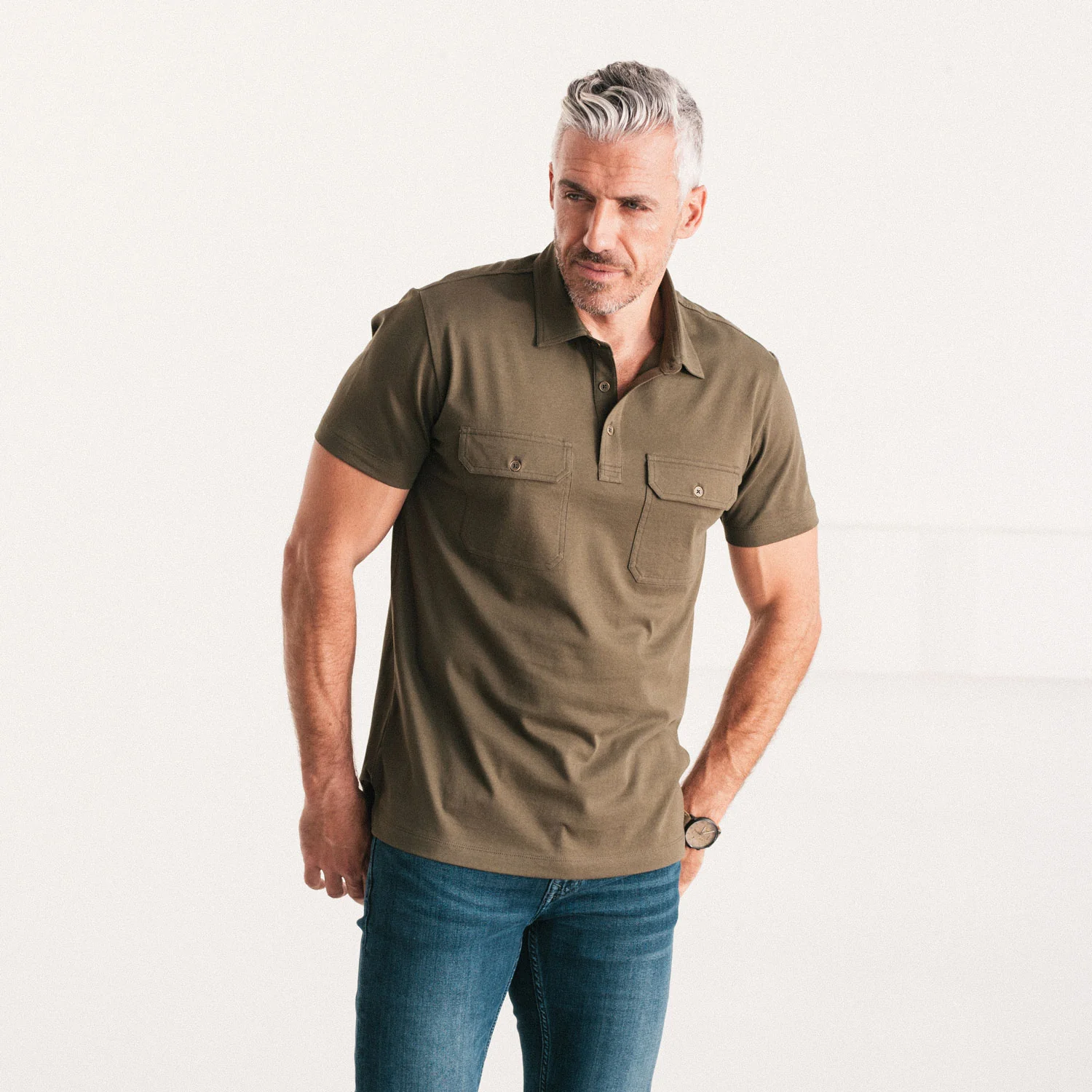 Constructor Short Sleeve Polo Shirt –  Olive Green Cotton Jersey - Image 4