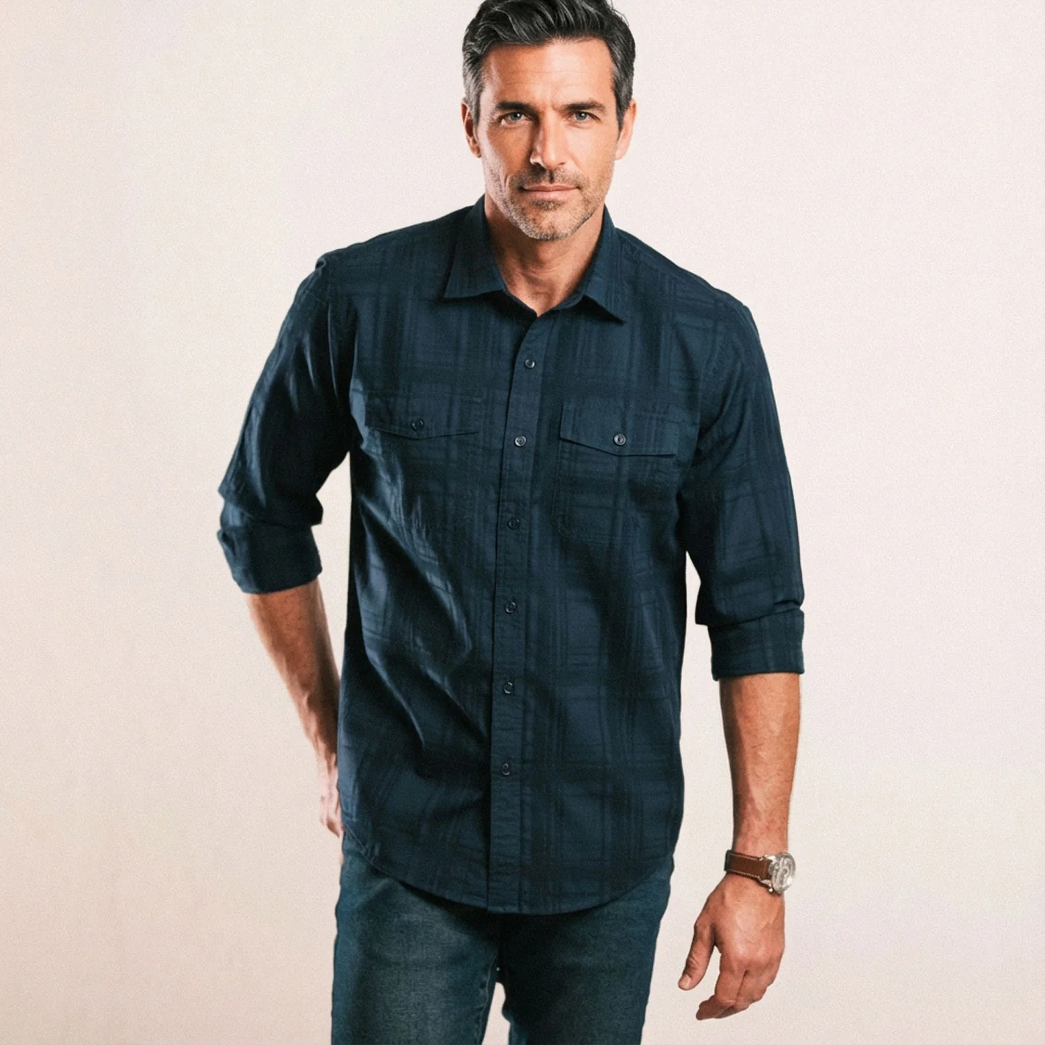 Davis Shadow Plaid Utility Shirt – Dark Navy Cotton - Image 4
