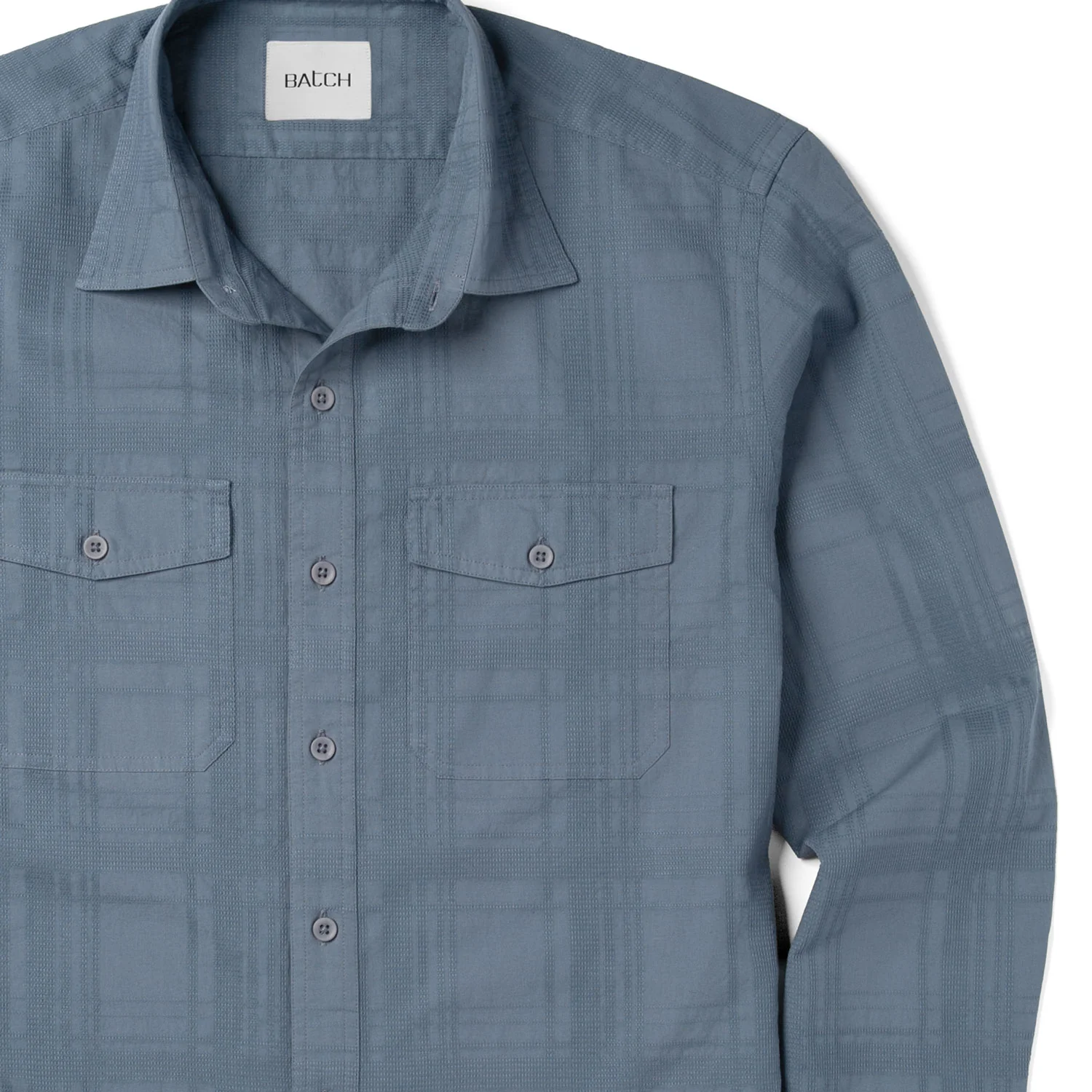 Davis Shadow Plaid Utility Shirt – Stone Blue Cotton - Image 3