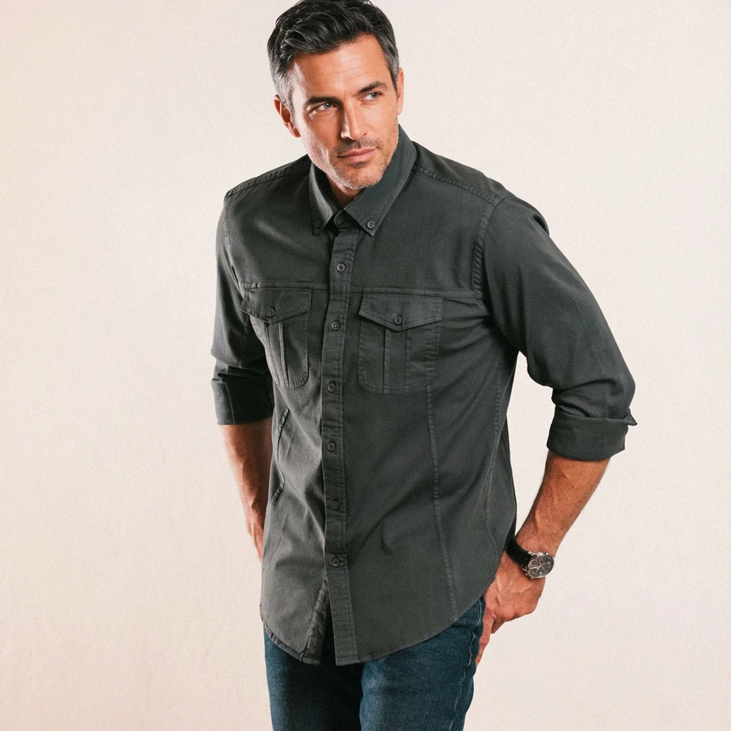 Editor Shirt – Slate Gray Stretch Cotton Twill - Image 5