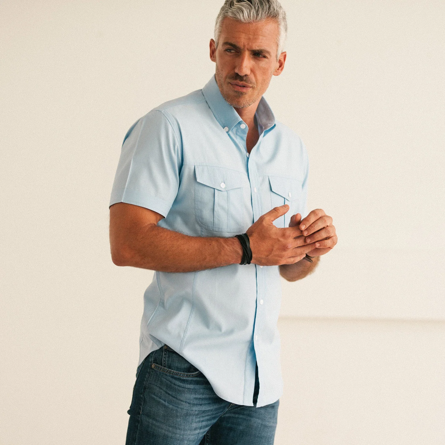 Editor Short Sleeve Utility Shirt – Clean Blue Mercerized Cotton - Image 4