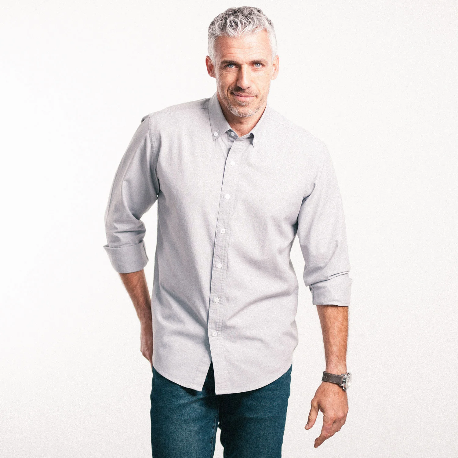 Essential Button Down Collar Casual Shirt - Aluminum Gray Cotton Oxford - Image 5