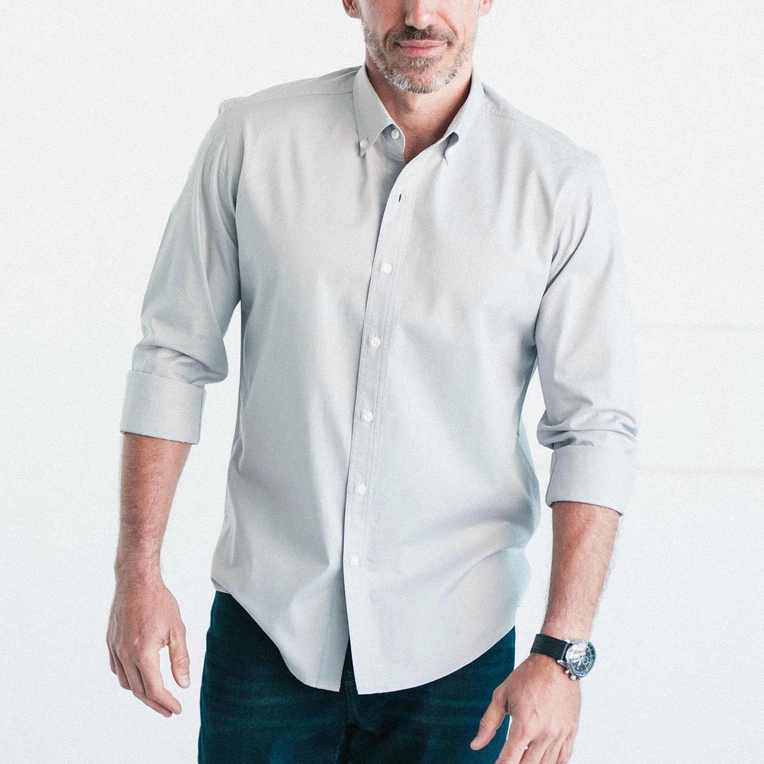 Essential Button Down Collar Casual Shirt - Cement Gray Cotton Twill - Image 4