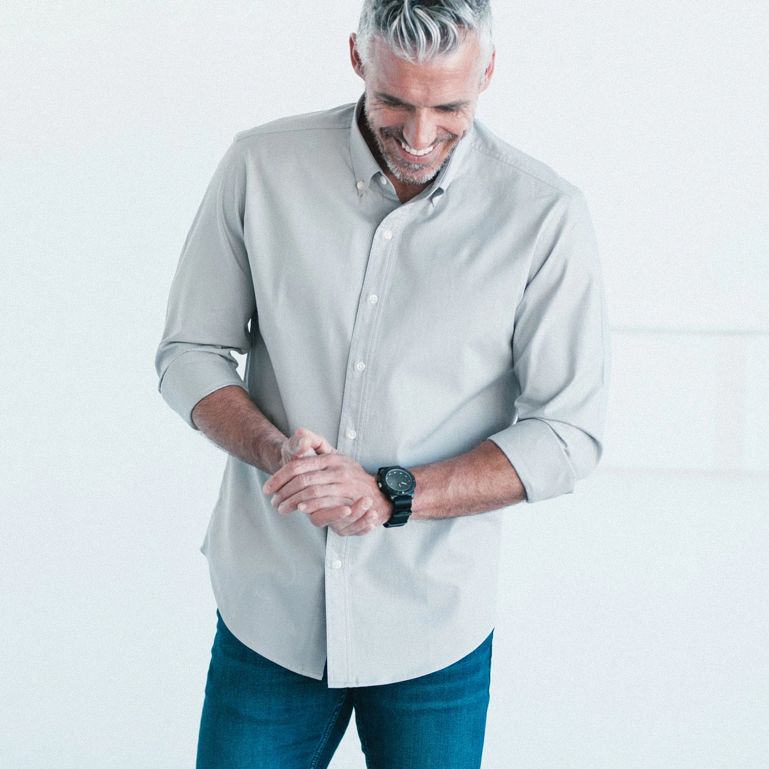 Essential Button Down Collar Casual Shirt - Cement Gray Cotton Twill - Image 5