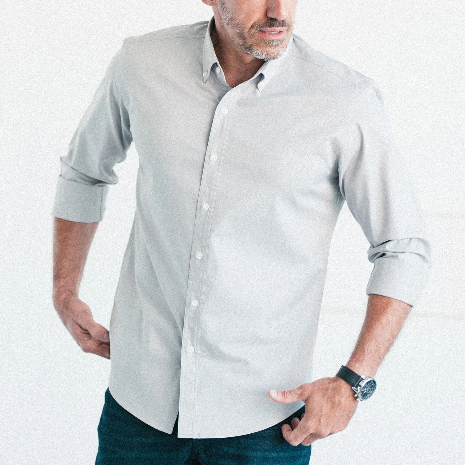 Essential Button Down Collar Casual Shirt - Cement Gray Cotton Twill - Image 6