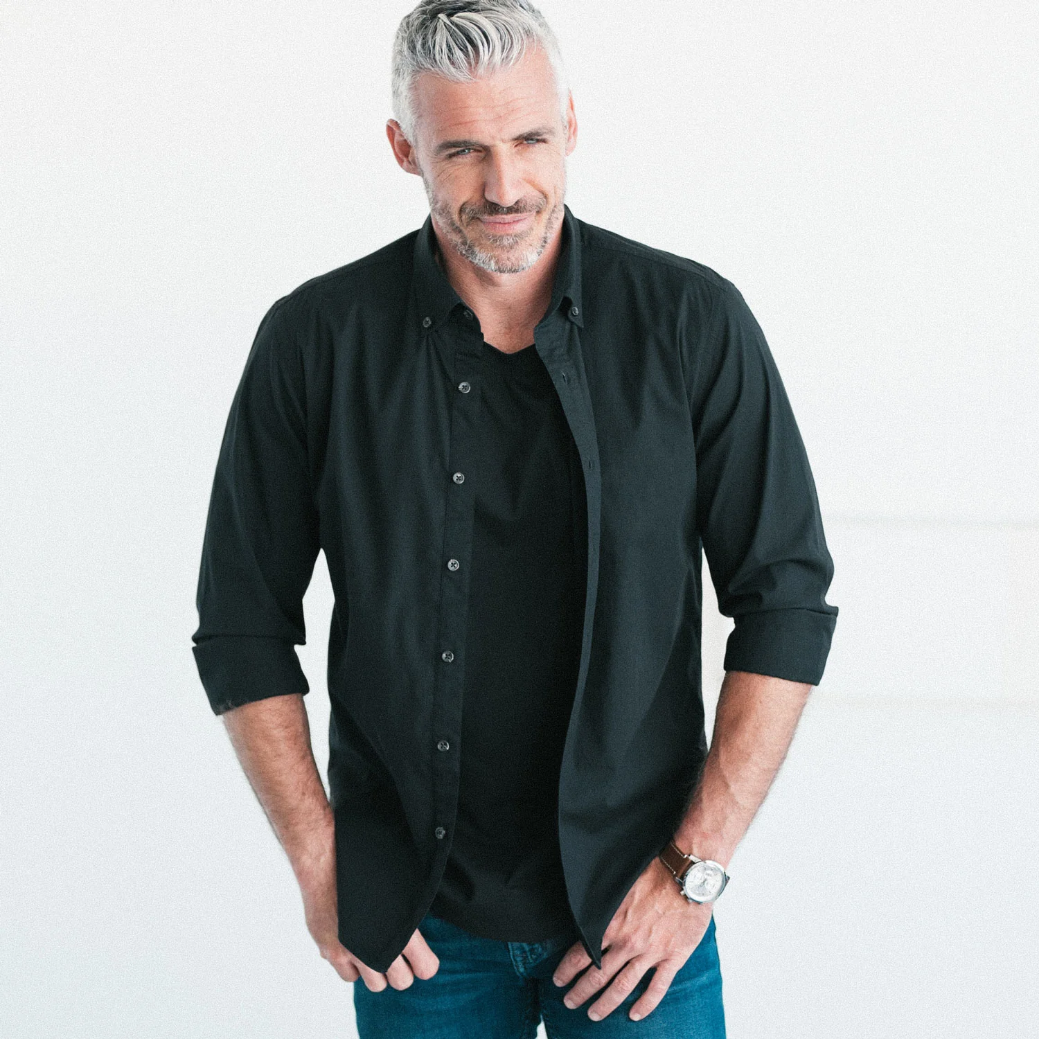 Essential Button Down Collar Casual Shirt - Jet Black Cotton Twill - Image 4
