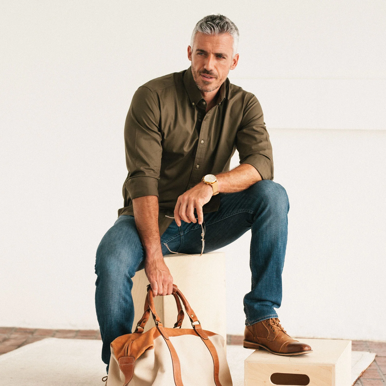 Essential Button Down Collar Casual Shirt - Olive Green Cotton Twill - Image 4