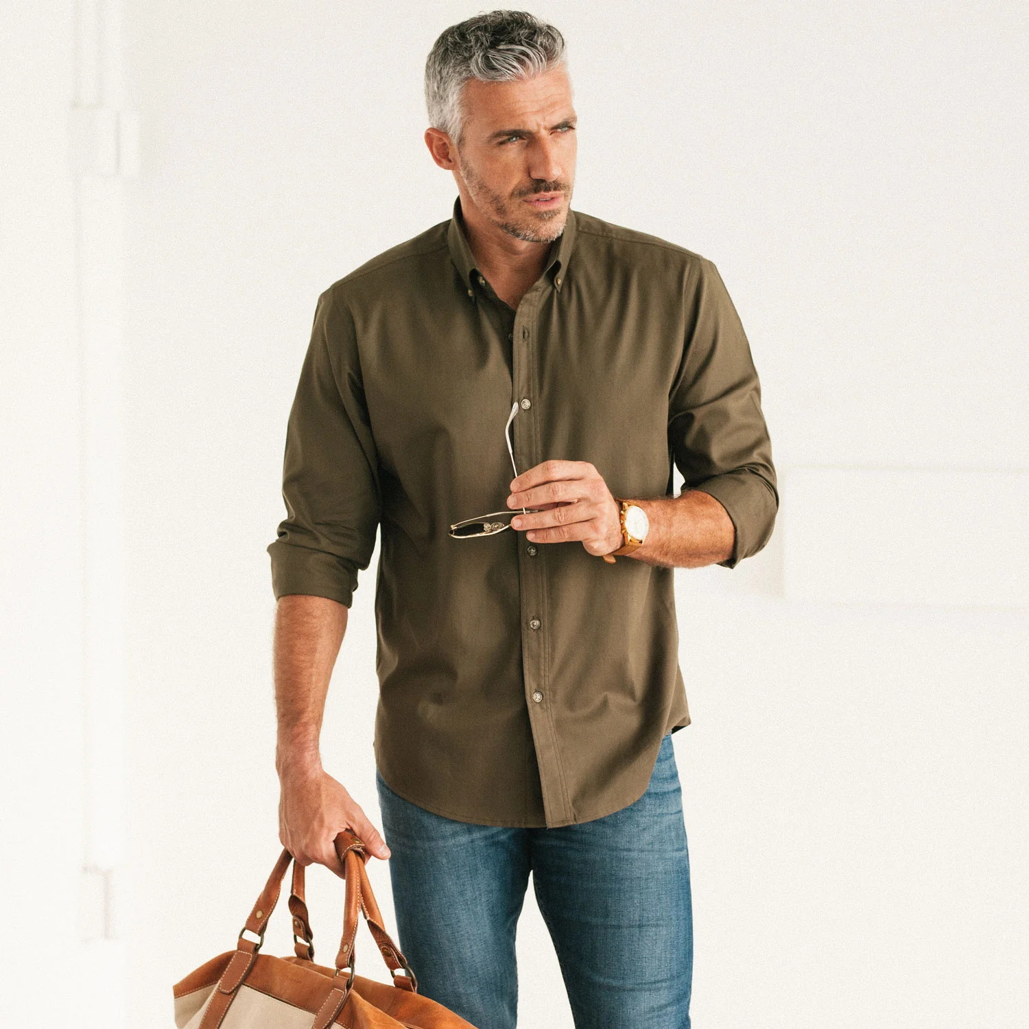 Essential Button Down Collar Casual Shirt - Olive Green Cotton Twill - Image 5