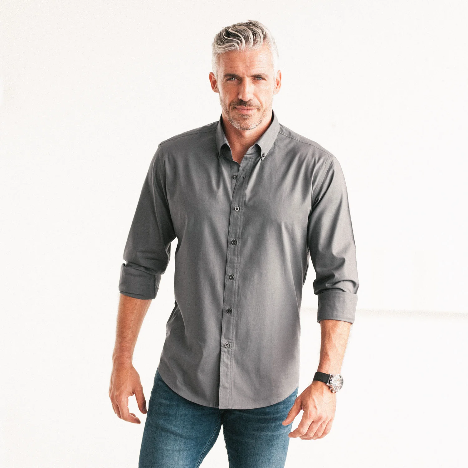 Essential Button Down Collar Casual Shirt - Slate Gray Cotton Twill - Image 4