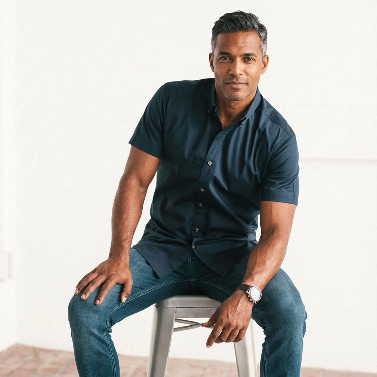 Essential Button Down Collar Casual Short Sleeve Shirt - Dark Navy Cotton Twill - Image 4