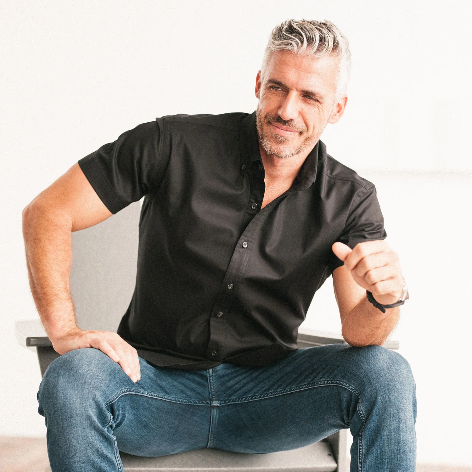 Essential Button Down Collar Casual Short Sleeve Shirt - Jet Black Cotton Twill - Image 4