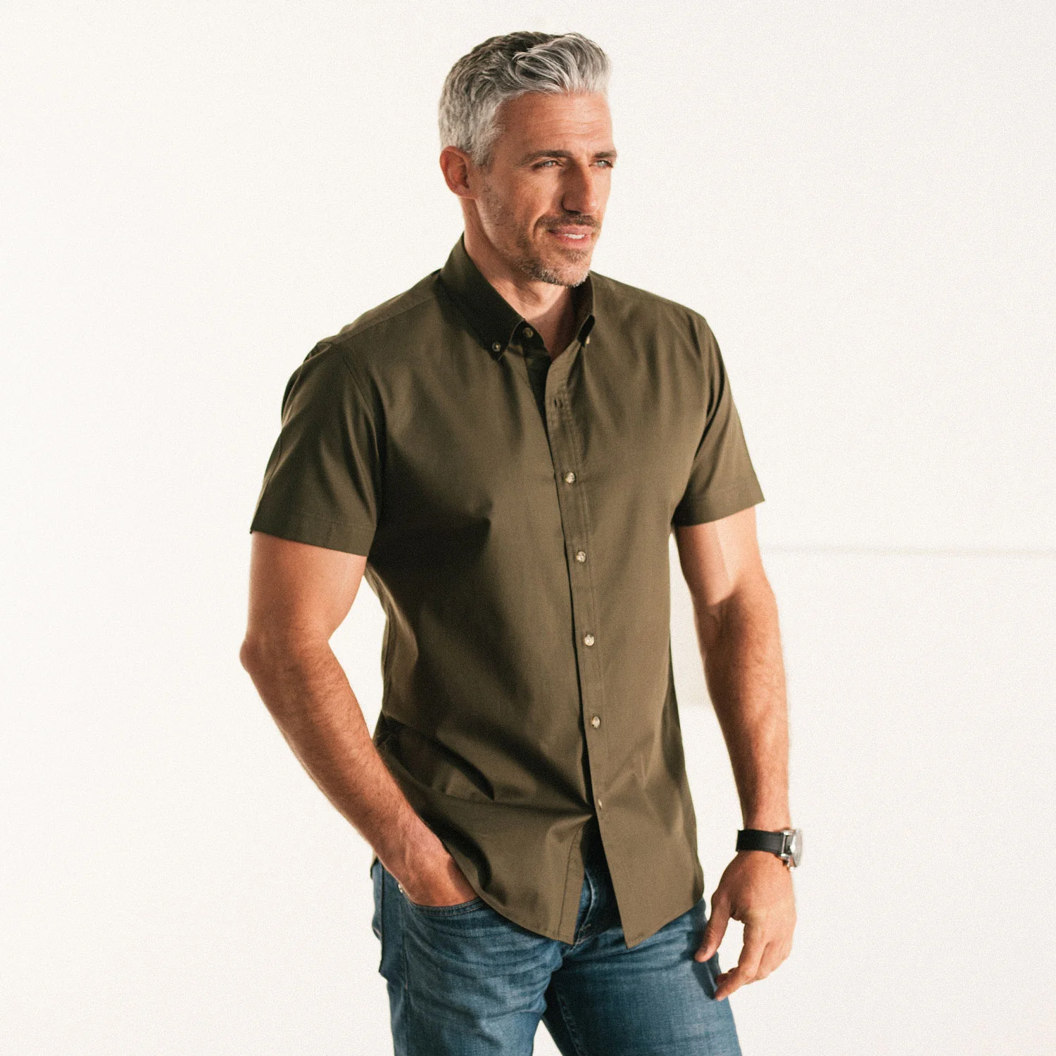 Essential Button Down Collar Casual Short Sleeve Shirt - Olive Green Cotton Twill - Image 4
