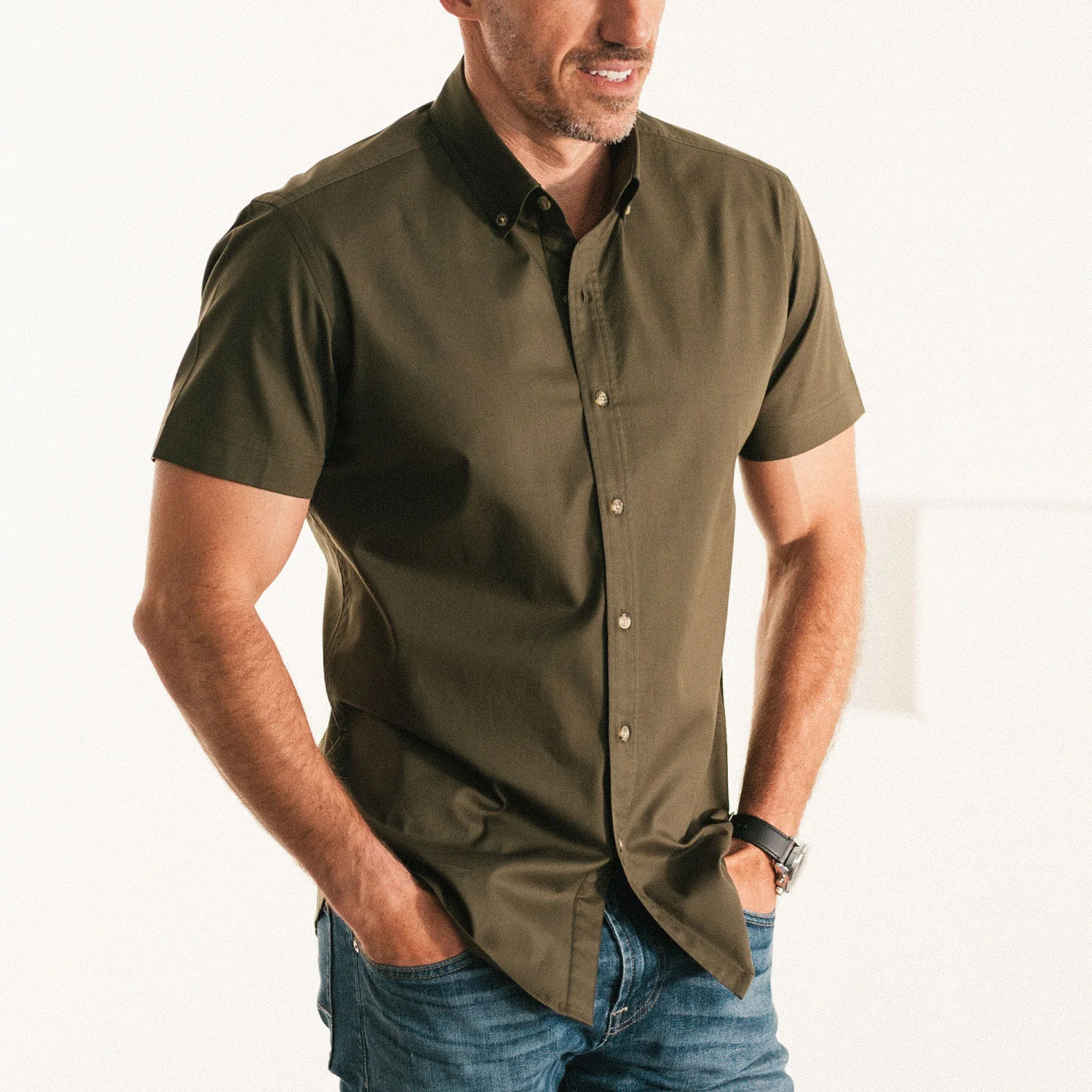 Essential Button Down Collar Casual Short Sleeve Shirt - Olive Green Cotton Twill - Image 5