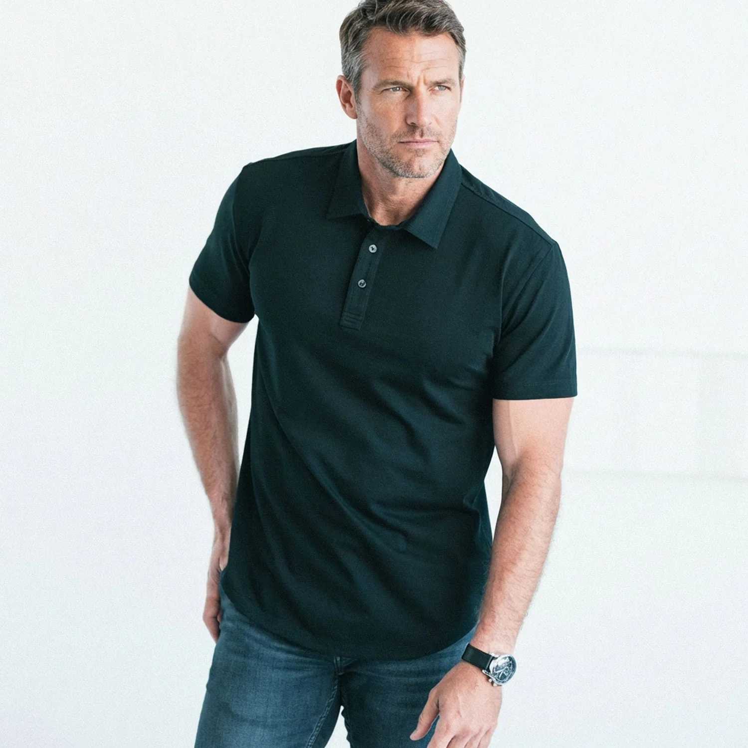 Essential Short Sleeve Curved Hem Polo Shirt –  Black Cotton Jersey - Image 4