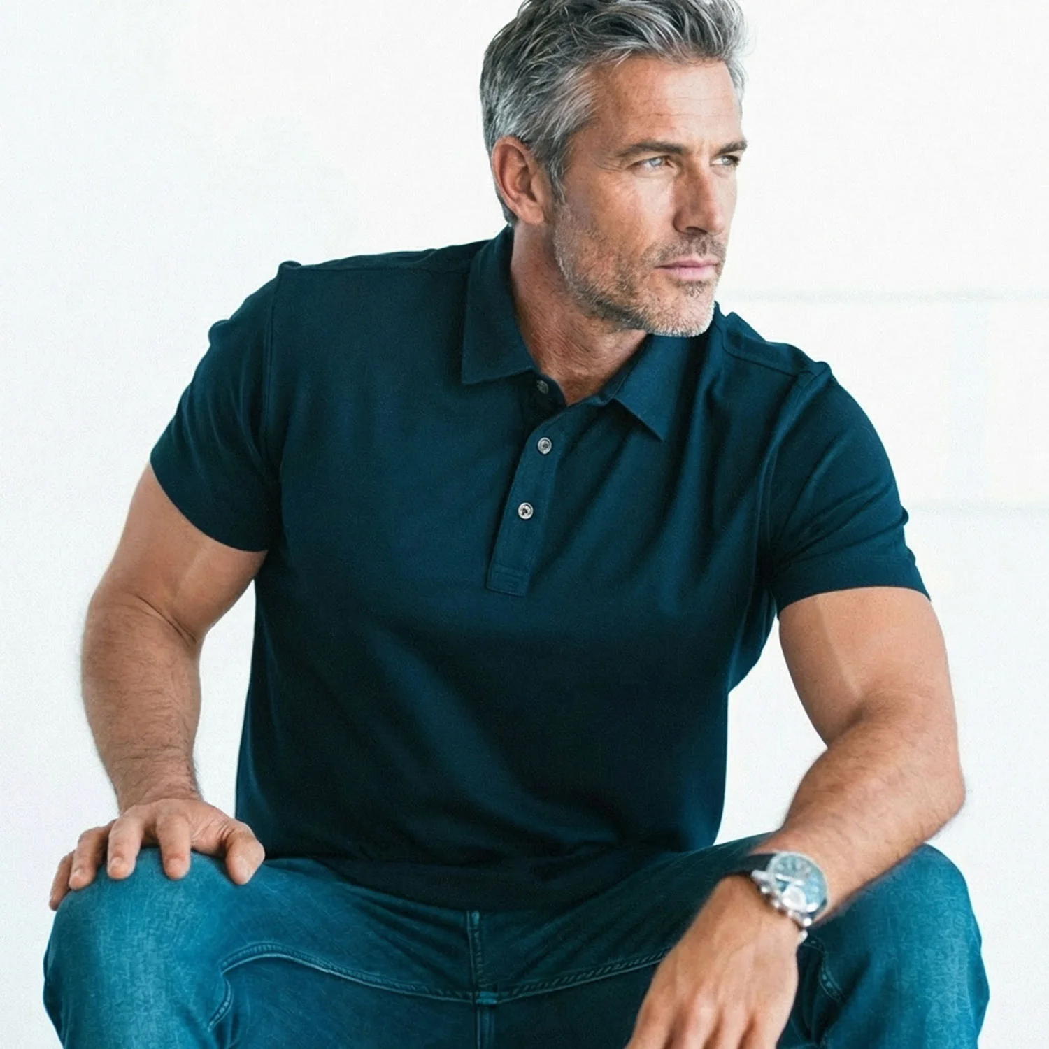 Essential Short Sleeve Curved Hem Polo Shirt –  Dark Navy Cotton Jersey - Image 4