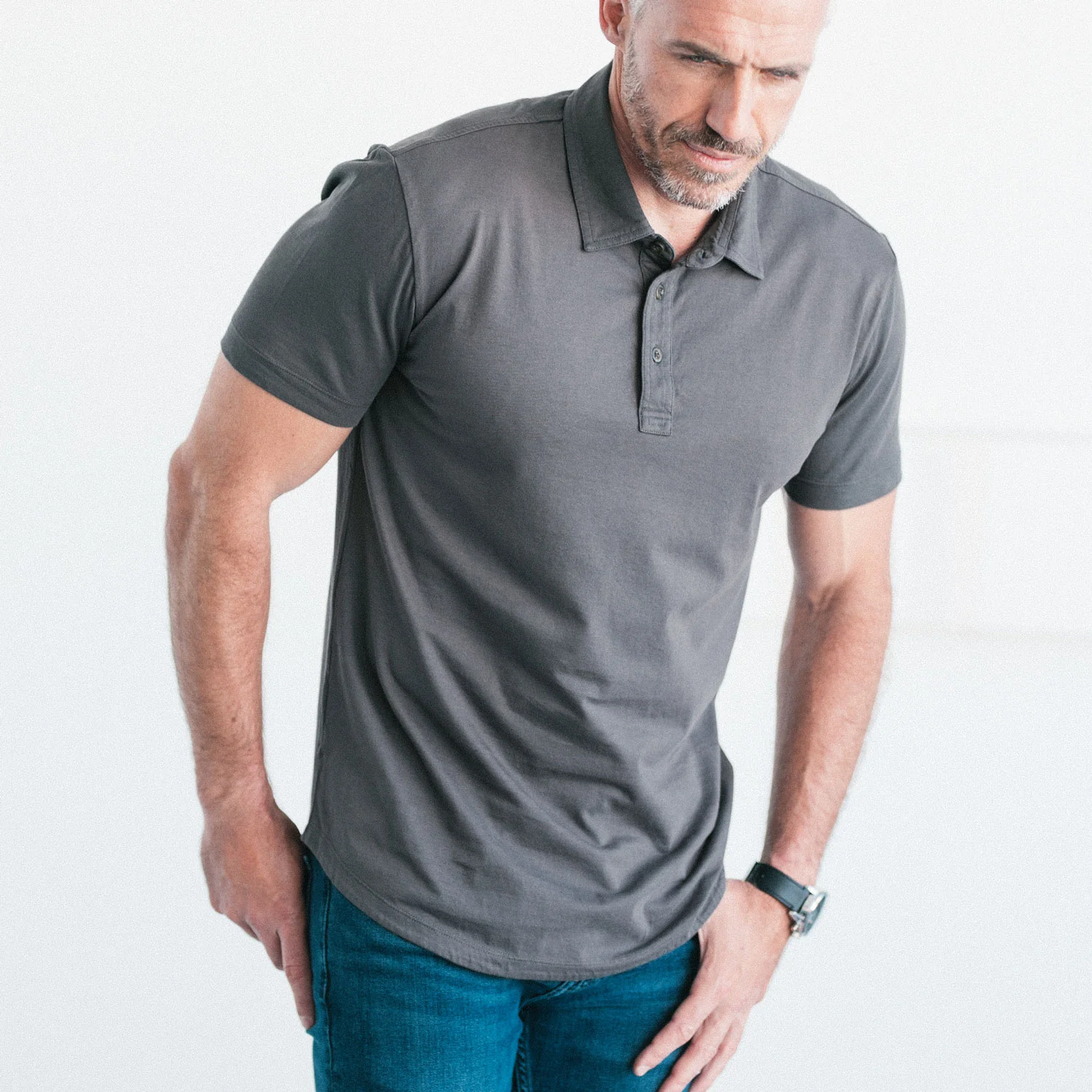 Essential Short Sleeve Curved Hem Polo Shirt –  Slate Gray Cotton Jersey - Image 5
