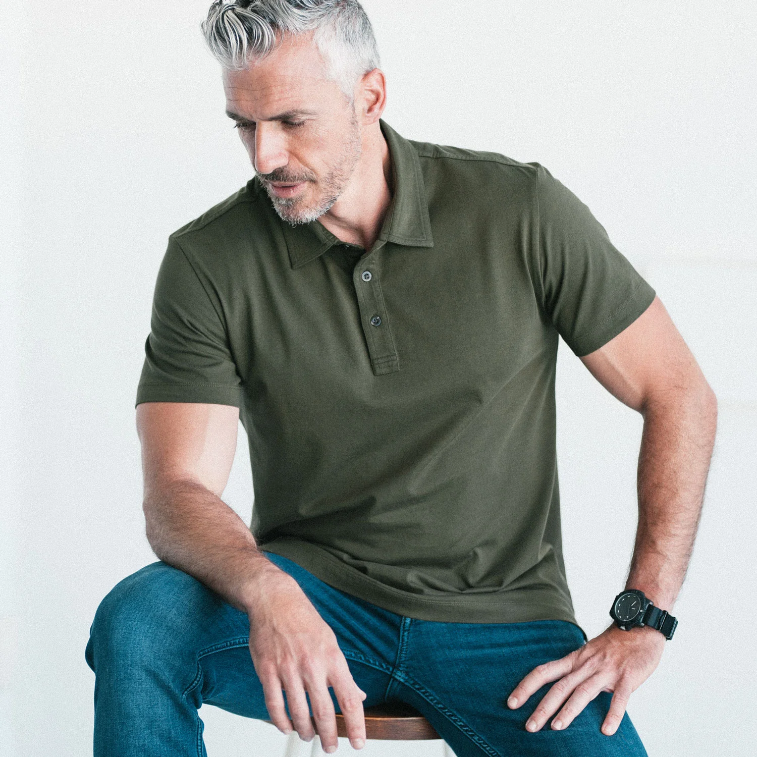 Essential Short Sleeve Polo Shirt –  Olive Green Cotton Jersey - Image 4