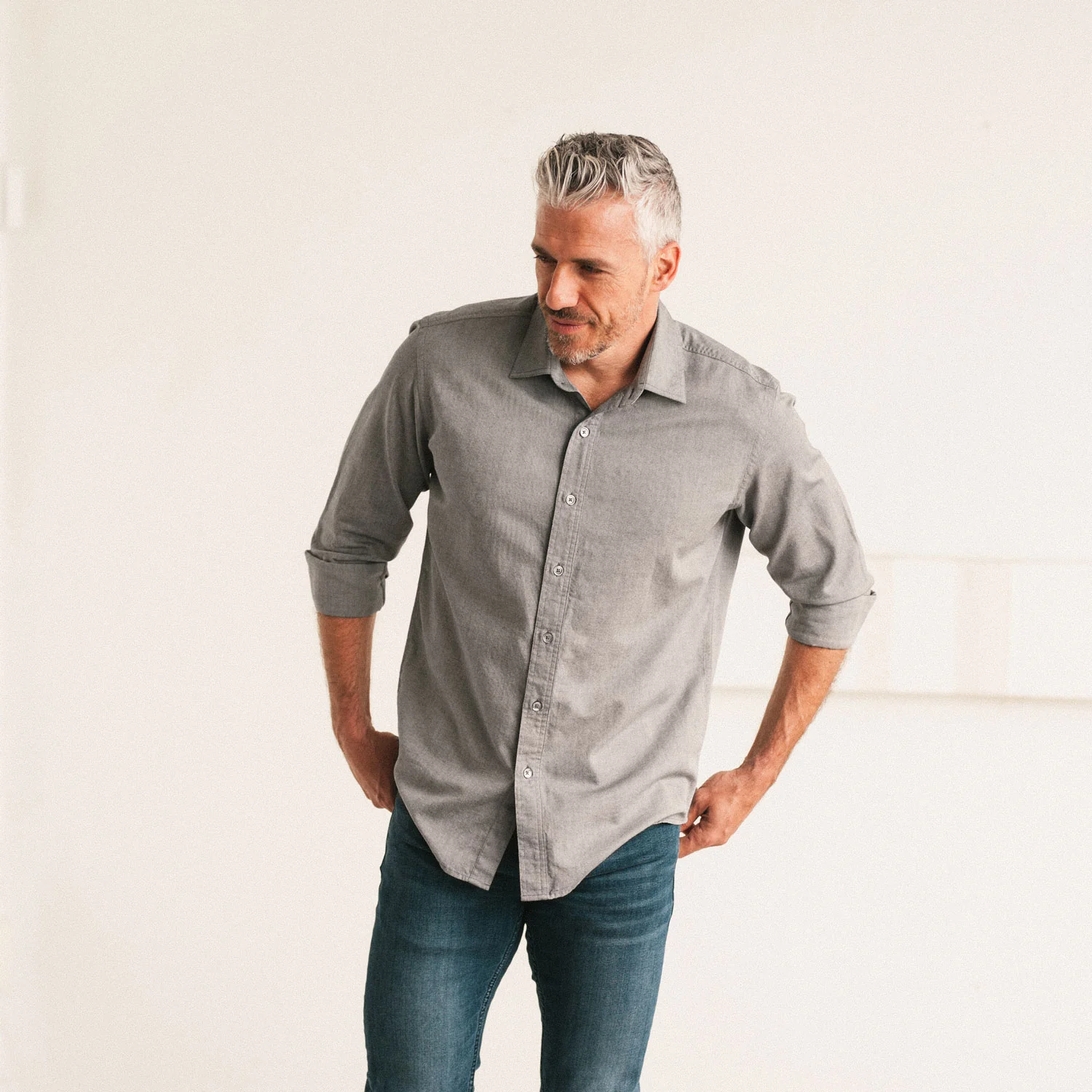 Essential Spread Collar Casual Shirt - Flint Gray Cotton Oxford - Image 7