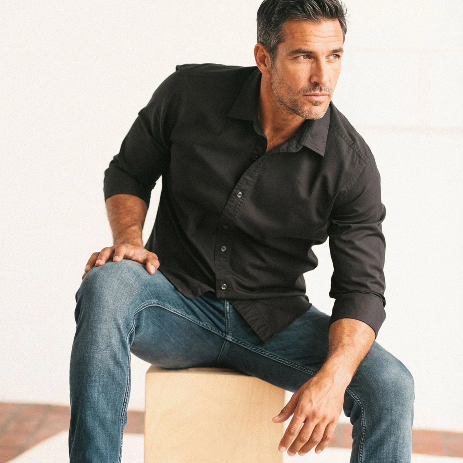 Essential Spread Collar Casual Shirt - Jet Black Cotton Twill - Image 4