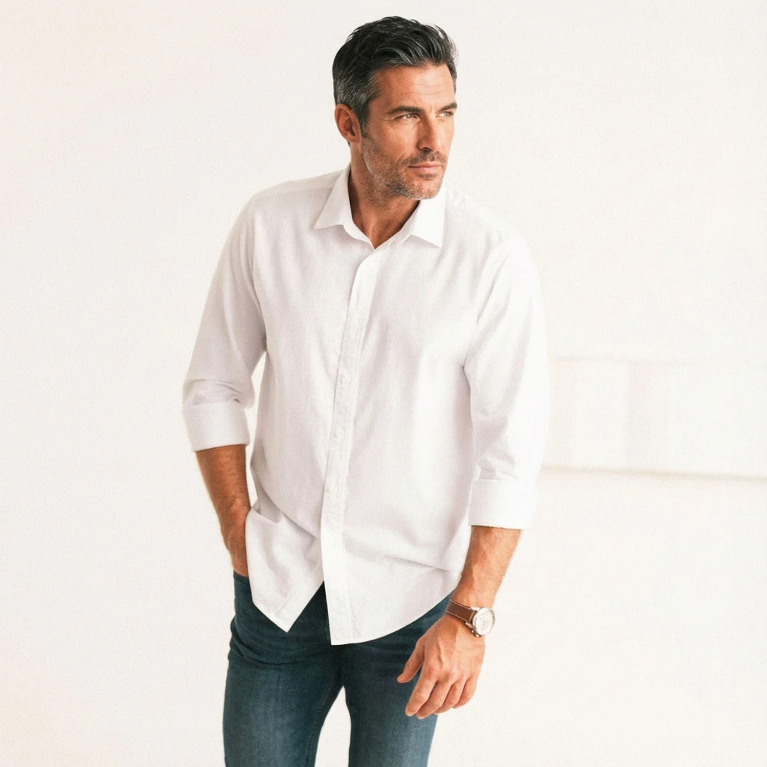 Essential Spread Collar Casual Shirt - Pure White Cotton Twill - Image 4