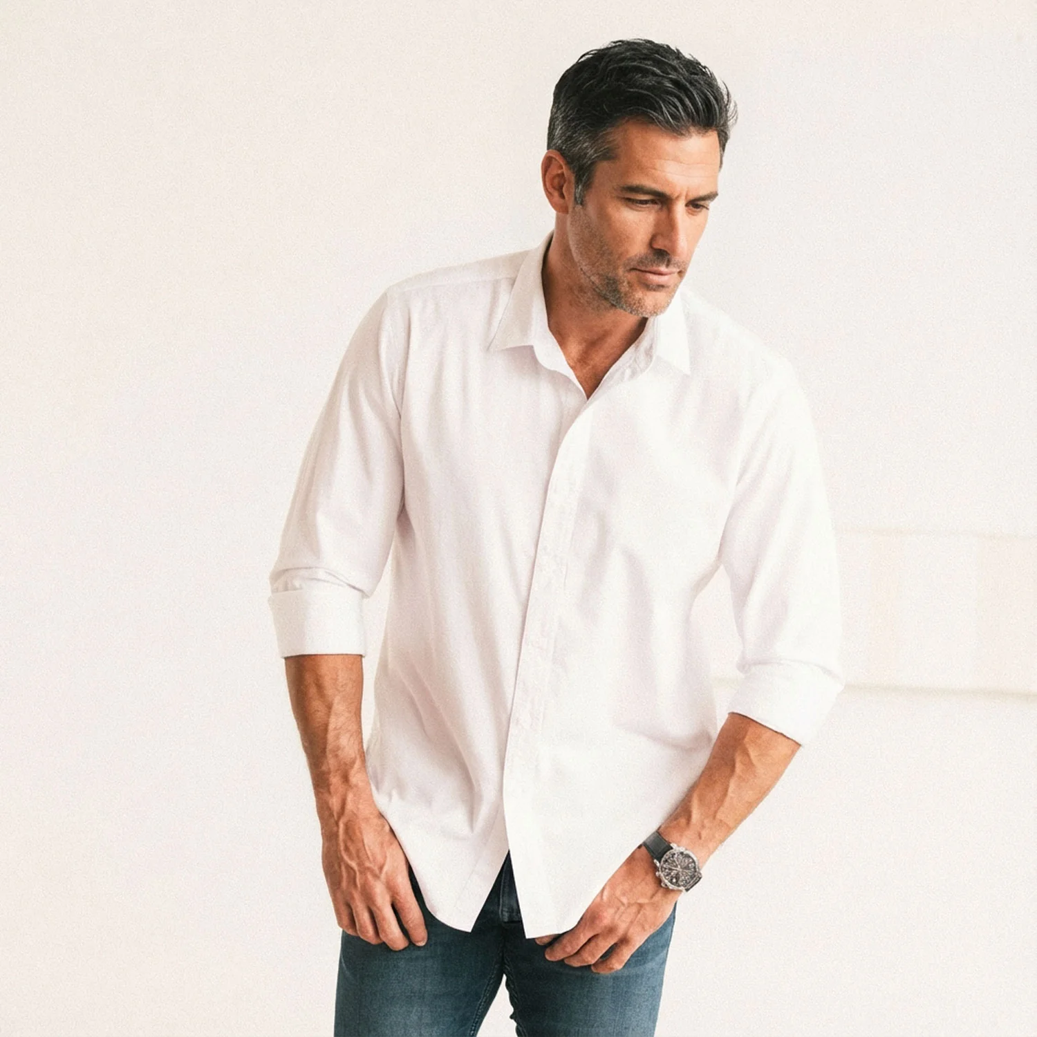 Essential Spread Collar Casual Shirt - Pure White Cotton Twill - Image 6