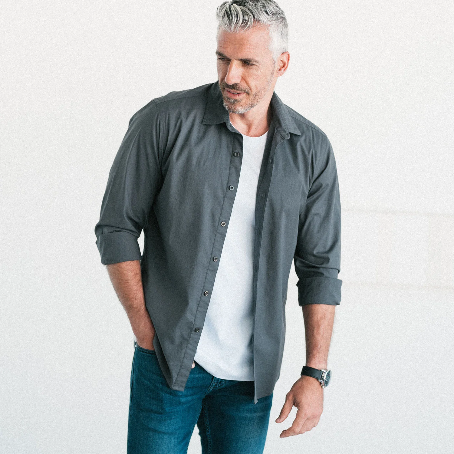 Essential Spread Collar Casual Shirt - Slate Gray Stretch Cotton Poplin - Image 4