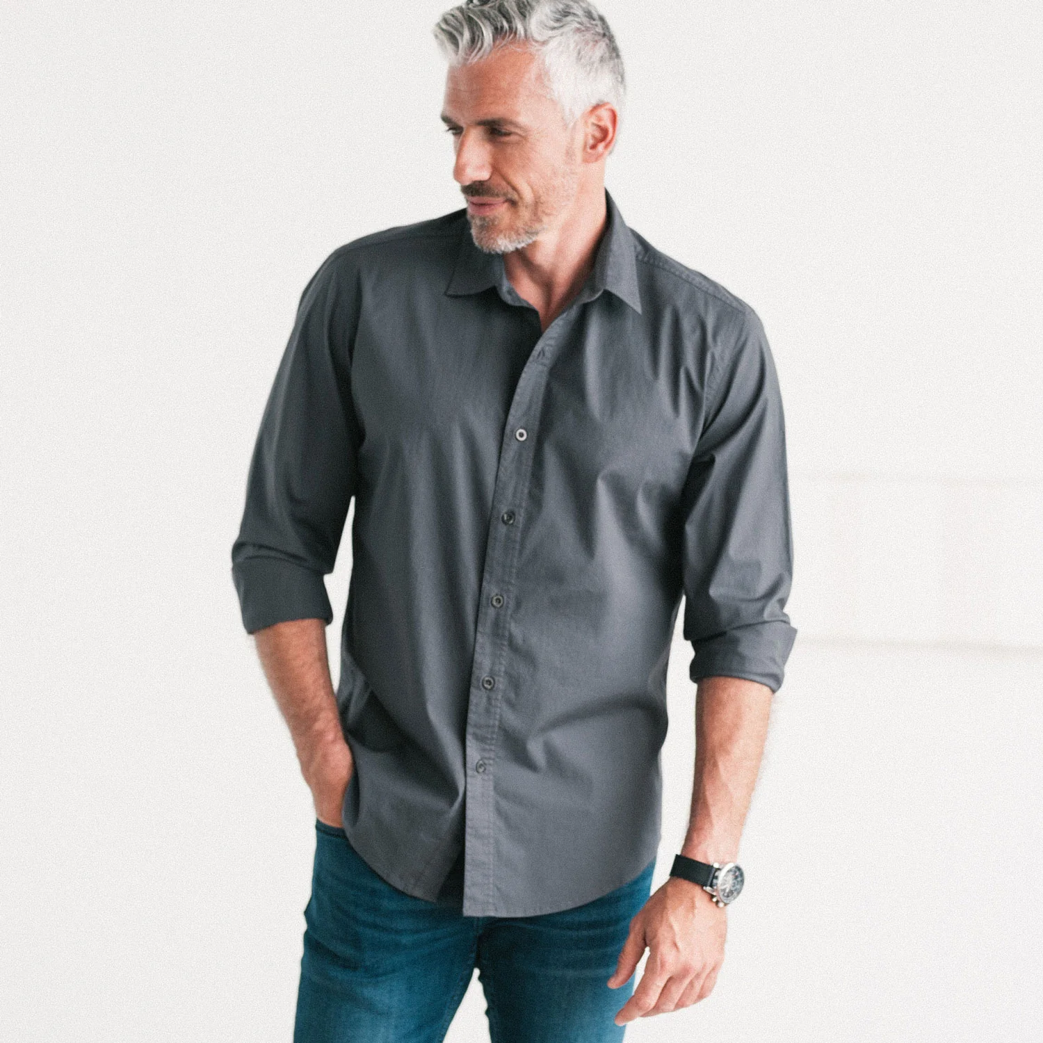Essential Spread Collar Casual Shirt - Slate Gray Stretch Cotton Poplin - Image 5
