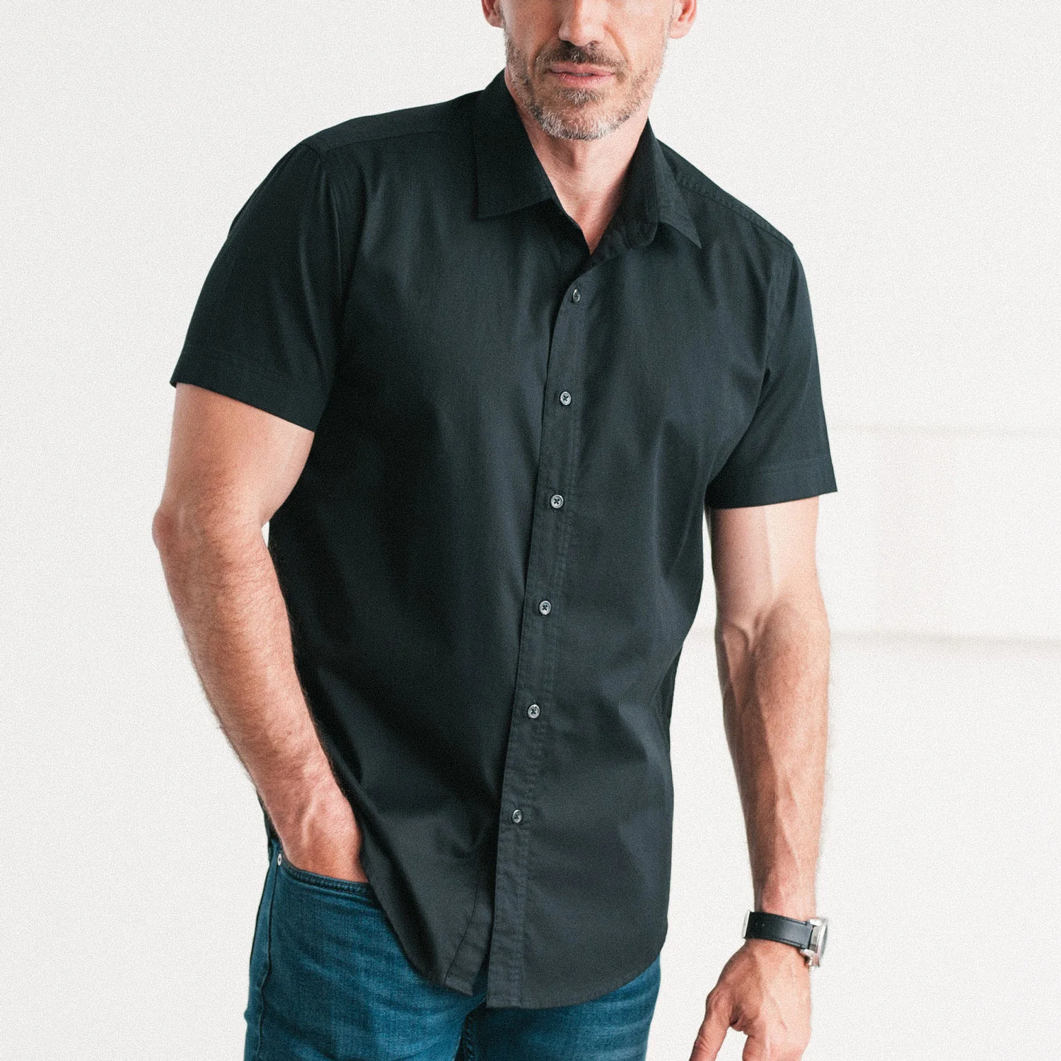 Essential Spread Collar Casual Short Sleeve Shirt - Black Cotton Twill - Image 4