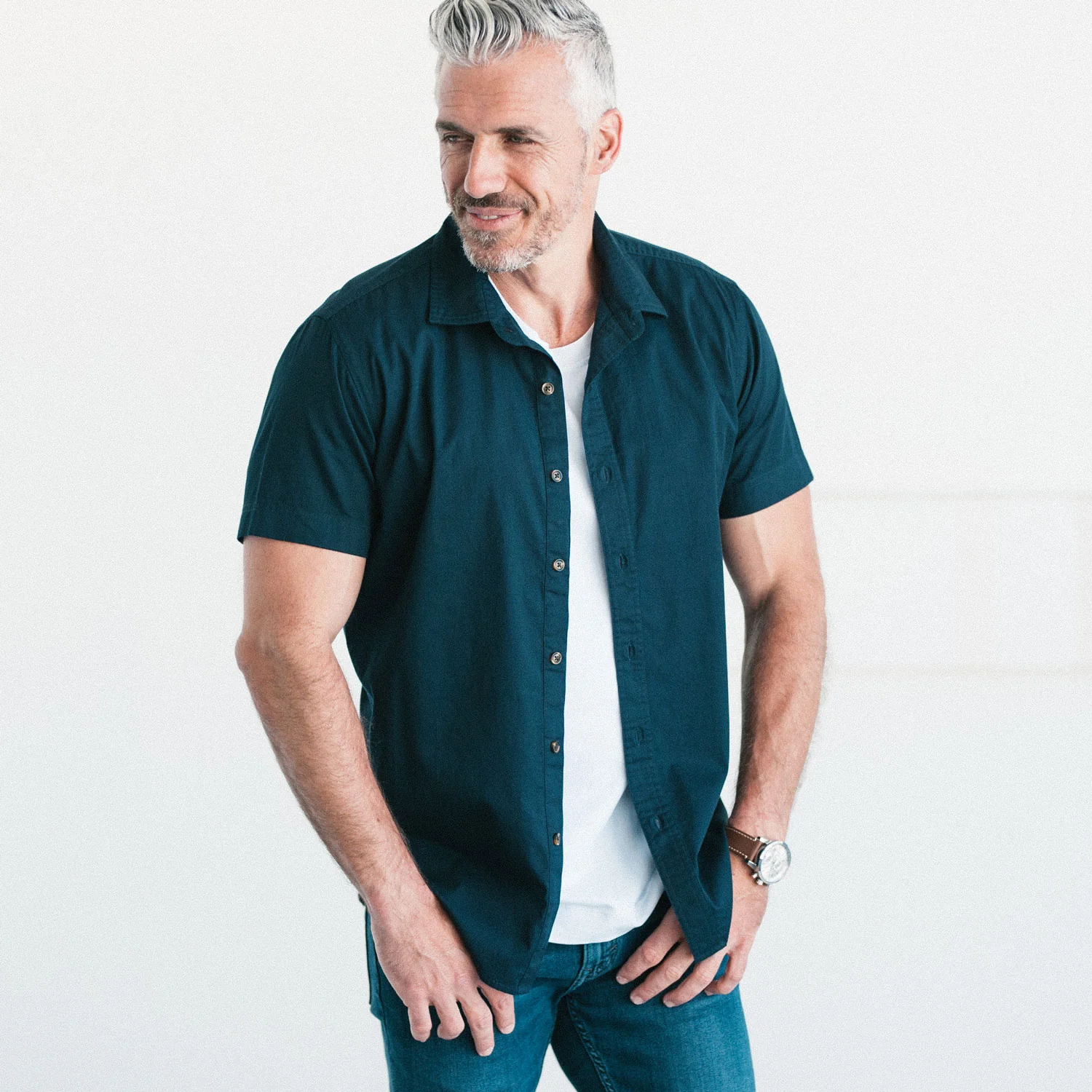 Essential Spread Collar Casual Short Sleeve Shirt - Dark Navy Cotton Twill - Image 4