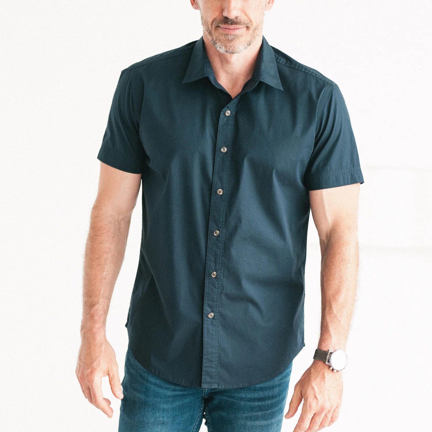Essential Spread Collar Casual Short Sleeve Shirt - Dark Navy Stretch Cotton Poplin - Image 4
