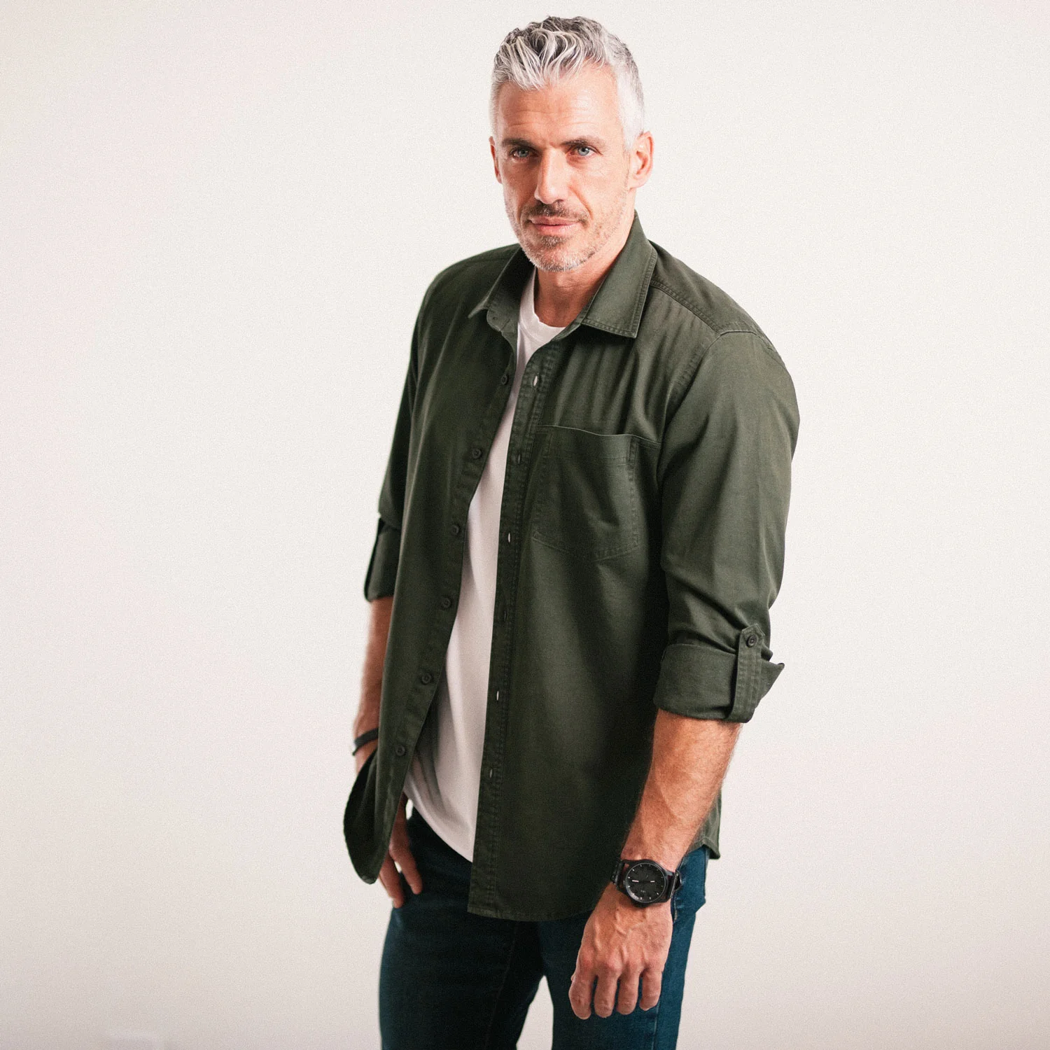 Freelancer Casual Shirt – Olive Green Cotton Stretch Twill - Image 3
