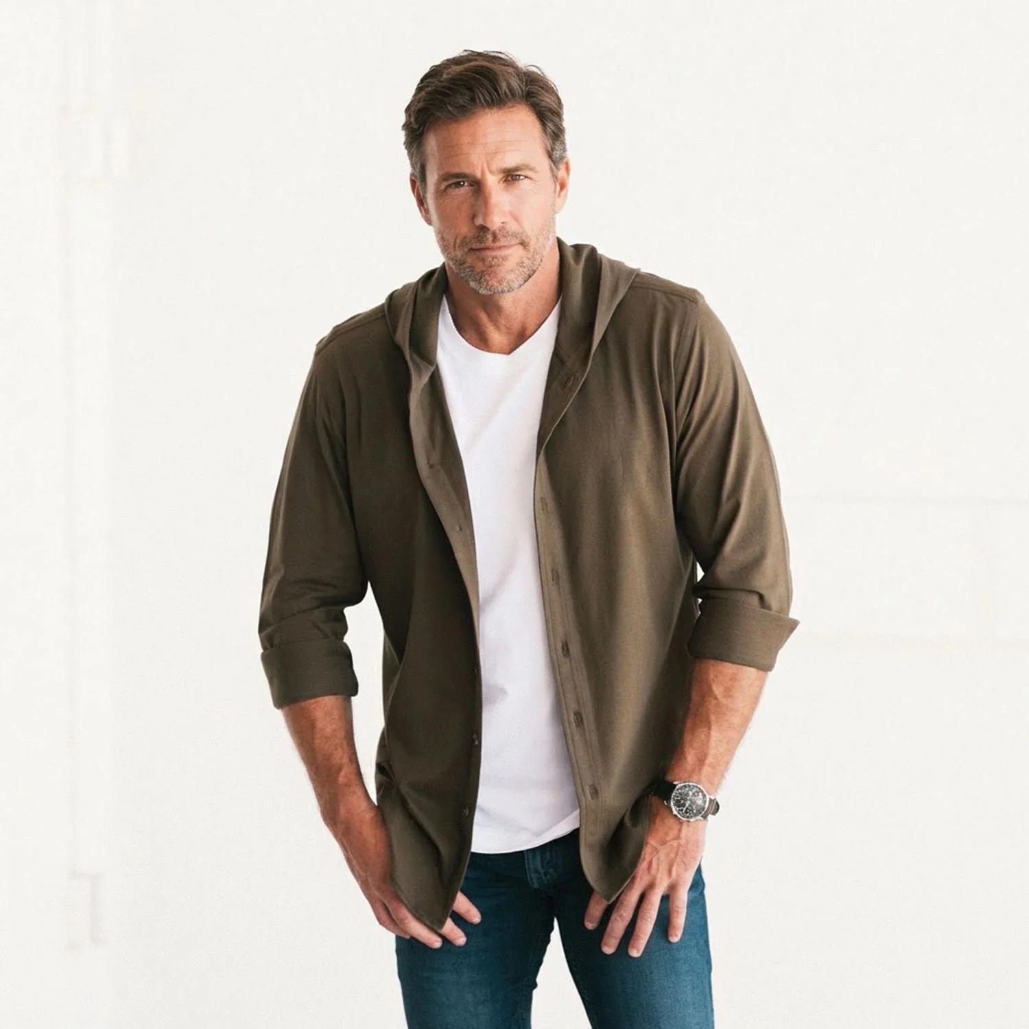 Hooded Essential Knit Shirt – Fatigue Green Cotton Jersey - Image 5