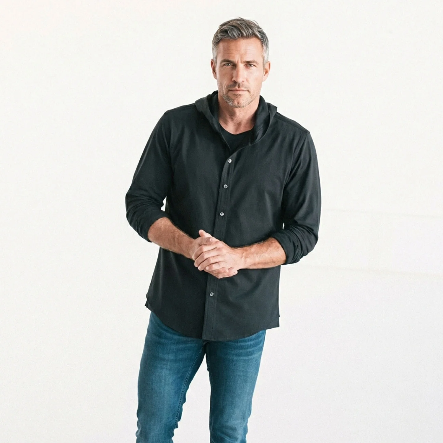 Hooded Essential Knit Shirt – Jet Black Cotton Jersey - Image 4