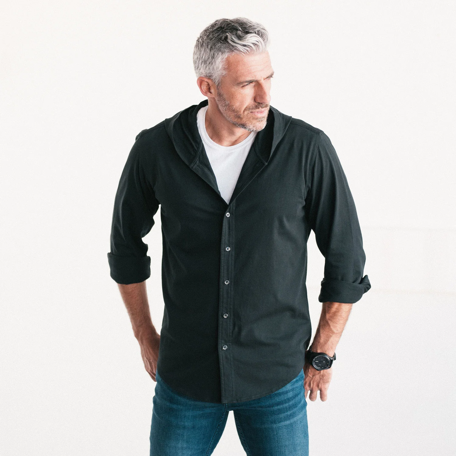 Hooded Essential Knit Shirt – Jet Black Cotton Jersey - Image 5