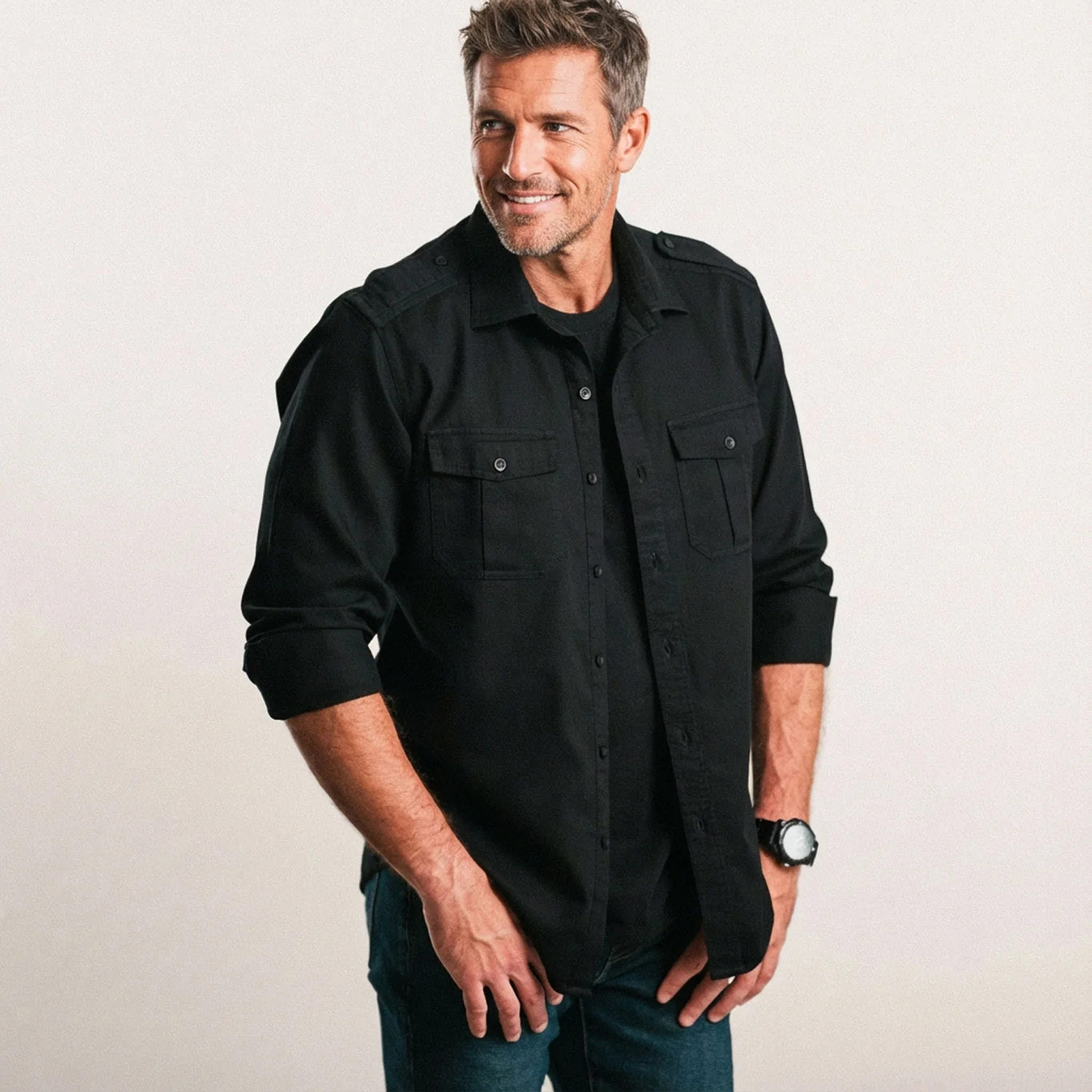 Jackson Utility Shirt – Black Cotton Herringbone - Image 4