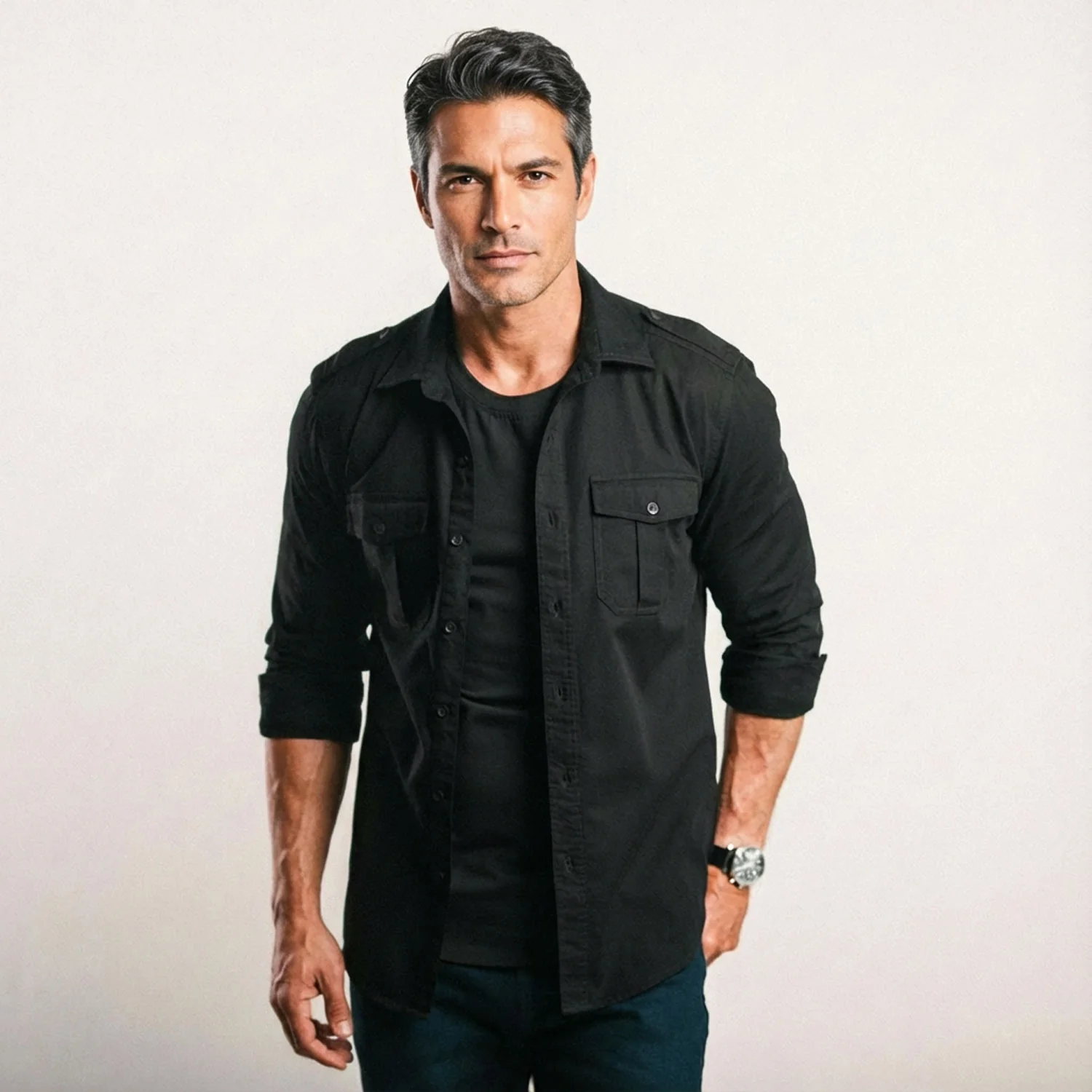 Jackson Utility Shirt – Black Cotton Herringbone - Image 6