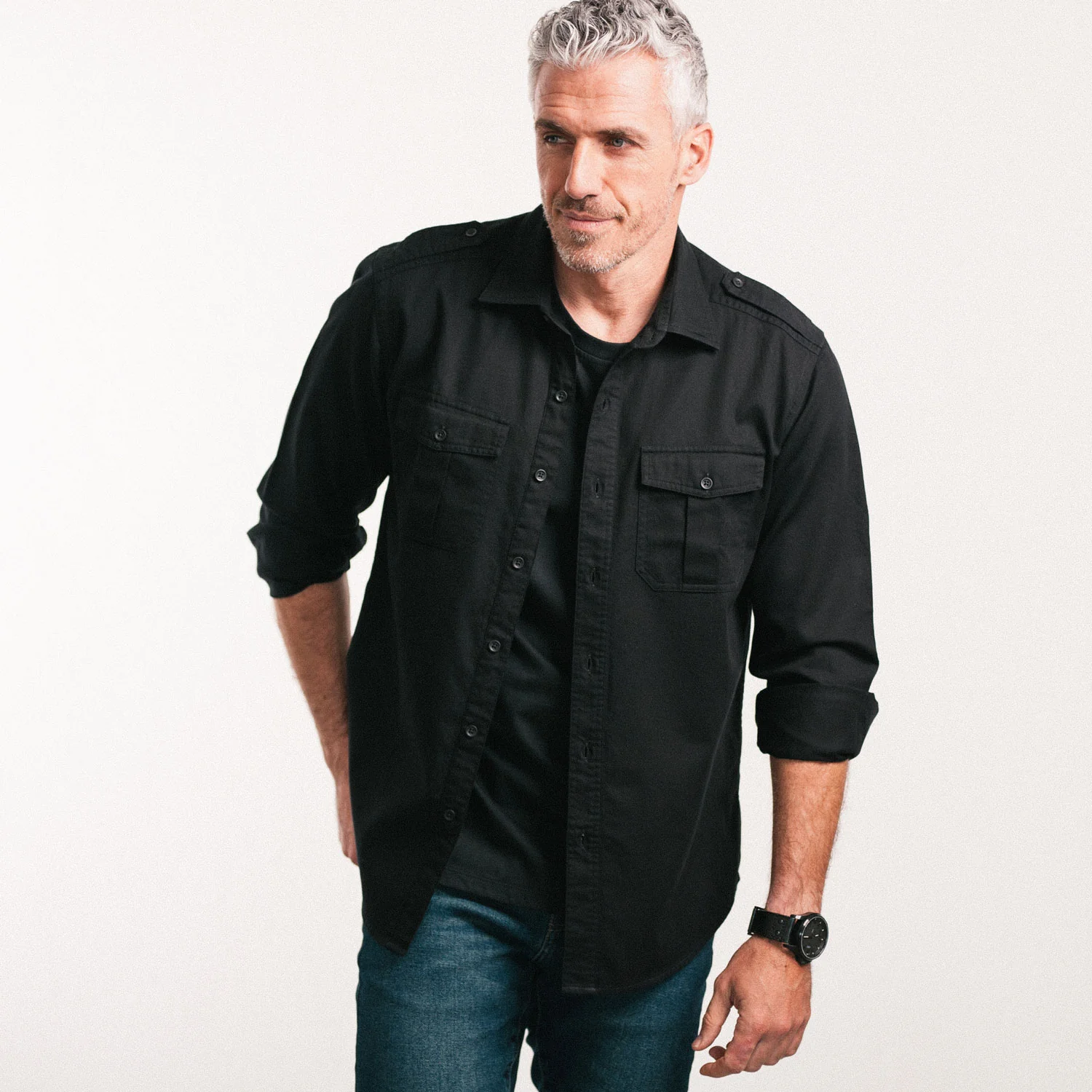 Jackson Utility Shirt – Black Cotton Herringbone - Image 7