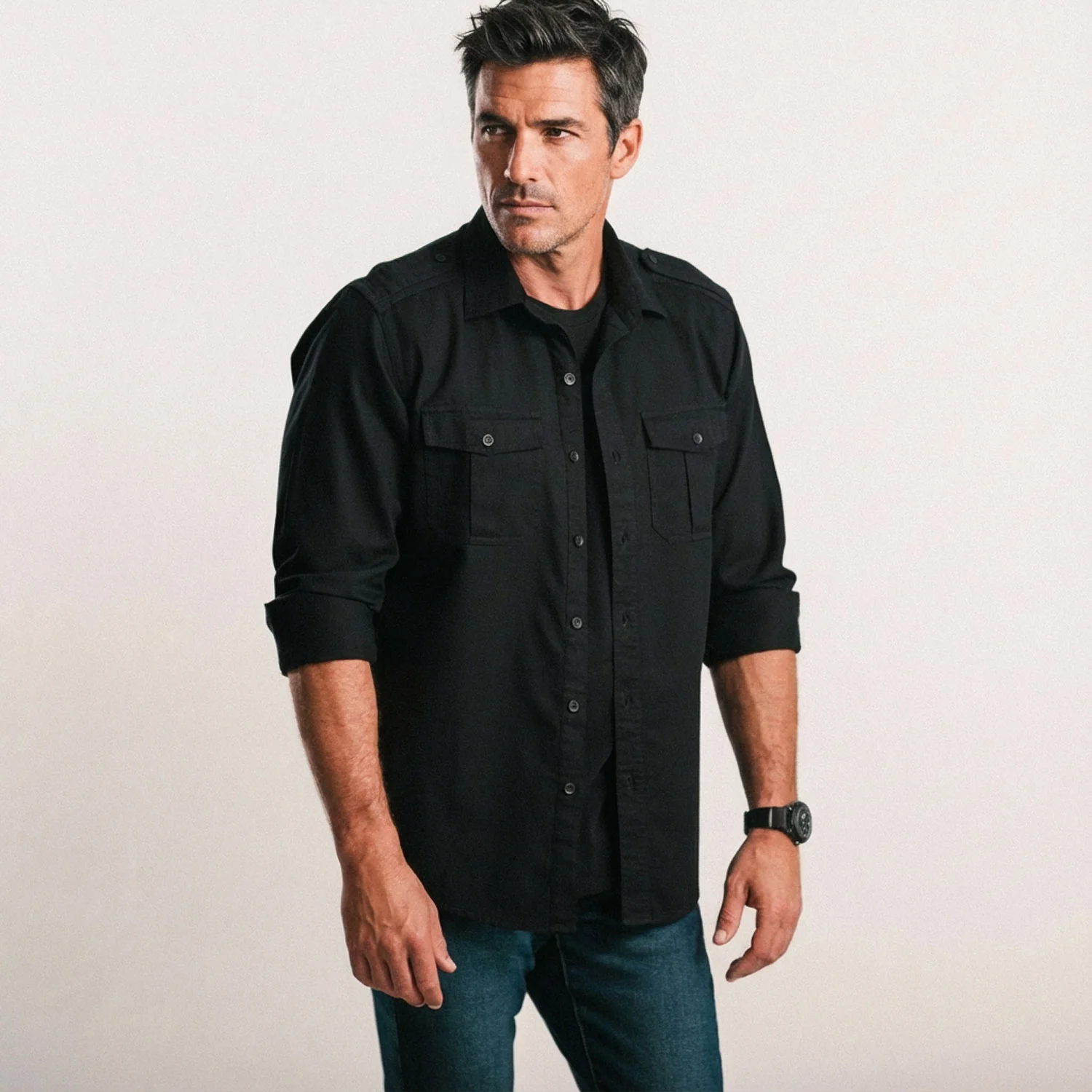 Jackson Utility Shirt – Black Cotton Herringbone - Image 9