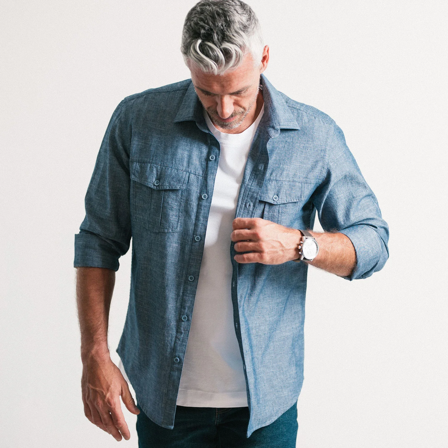 Primer Utility Shirt – Navy Blue Cotton Slub Chambray - Image 4