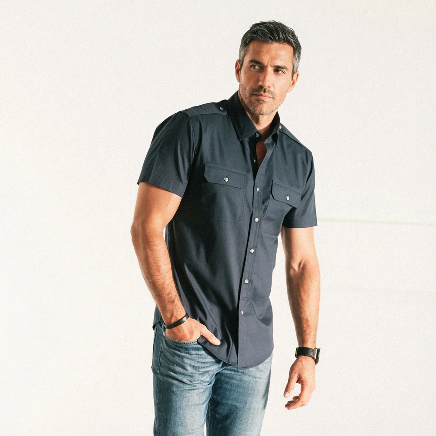 Smith Utility Short Sleeve Shirt – Dark Navy Cotton Twill - Image 5