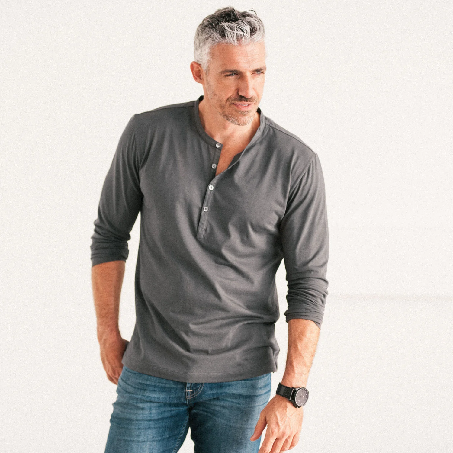 Woven Placket Henley Shirt –  Slate Gray Cotton Jersey - Image 4